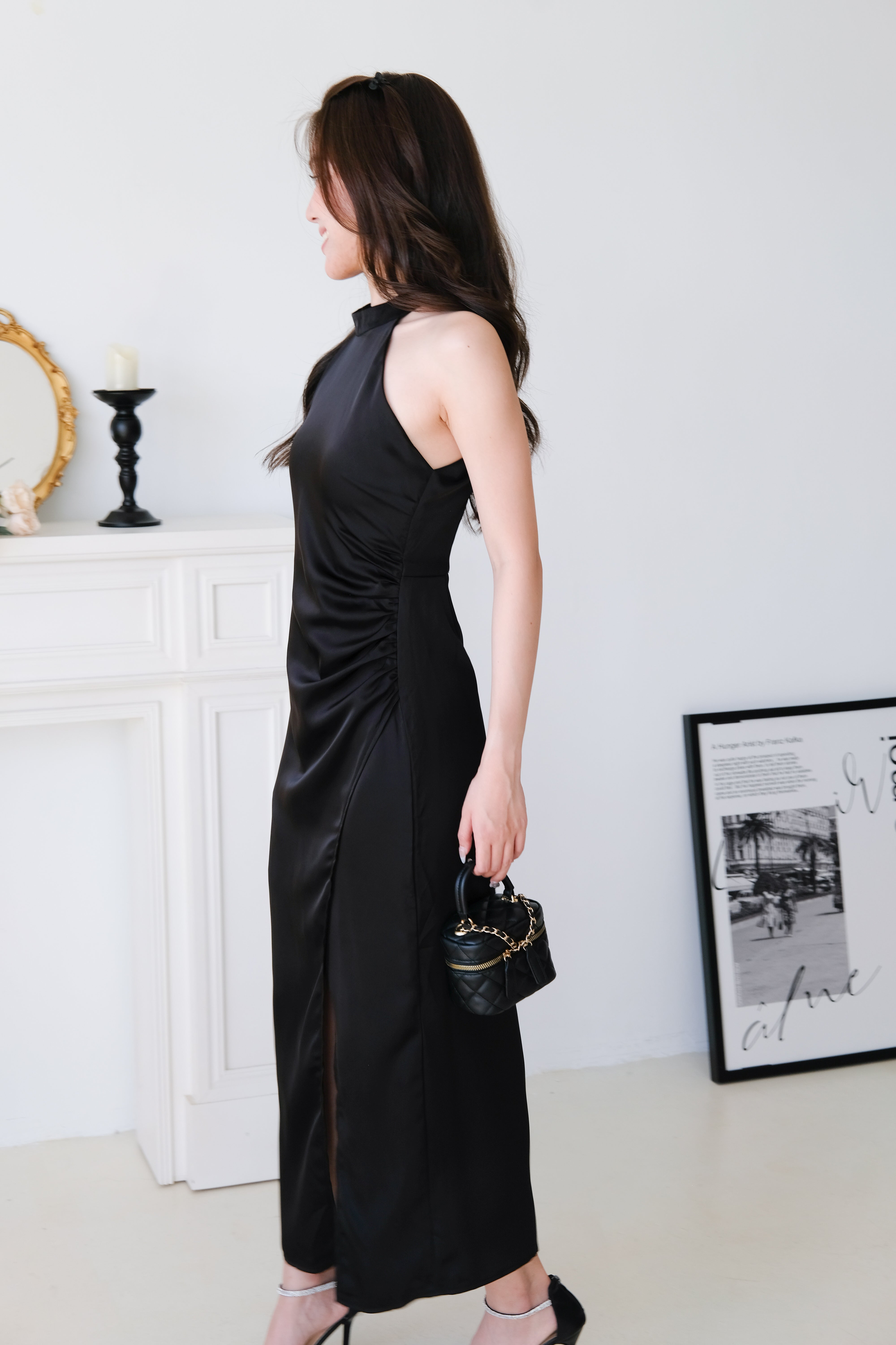 Elyanne Halter Satin Slit Maxi Dress (Black)