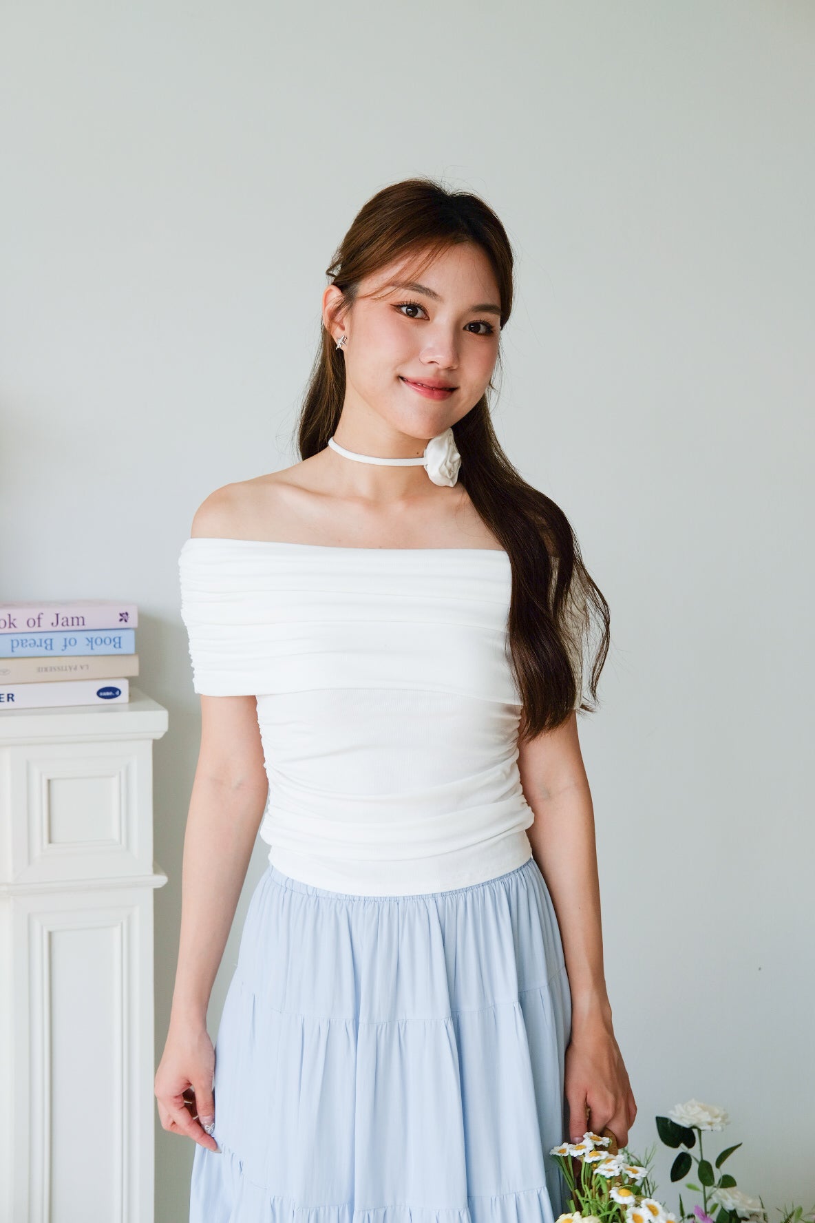 Deena Off Shoulder Stretchy Top (White)