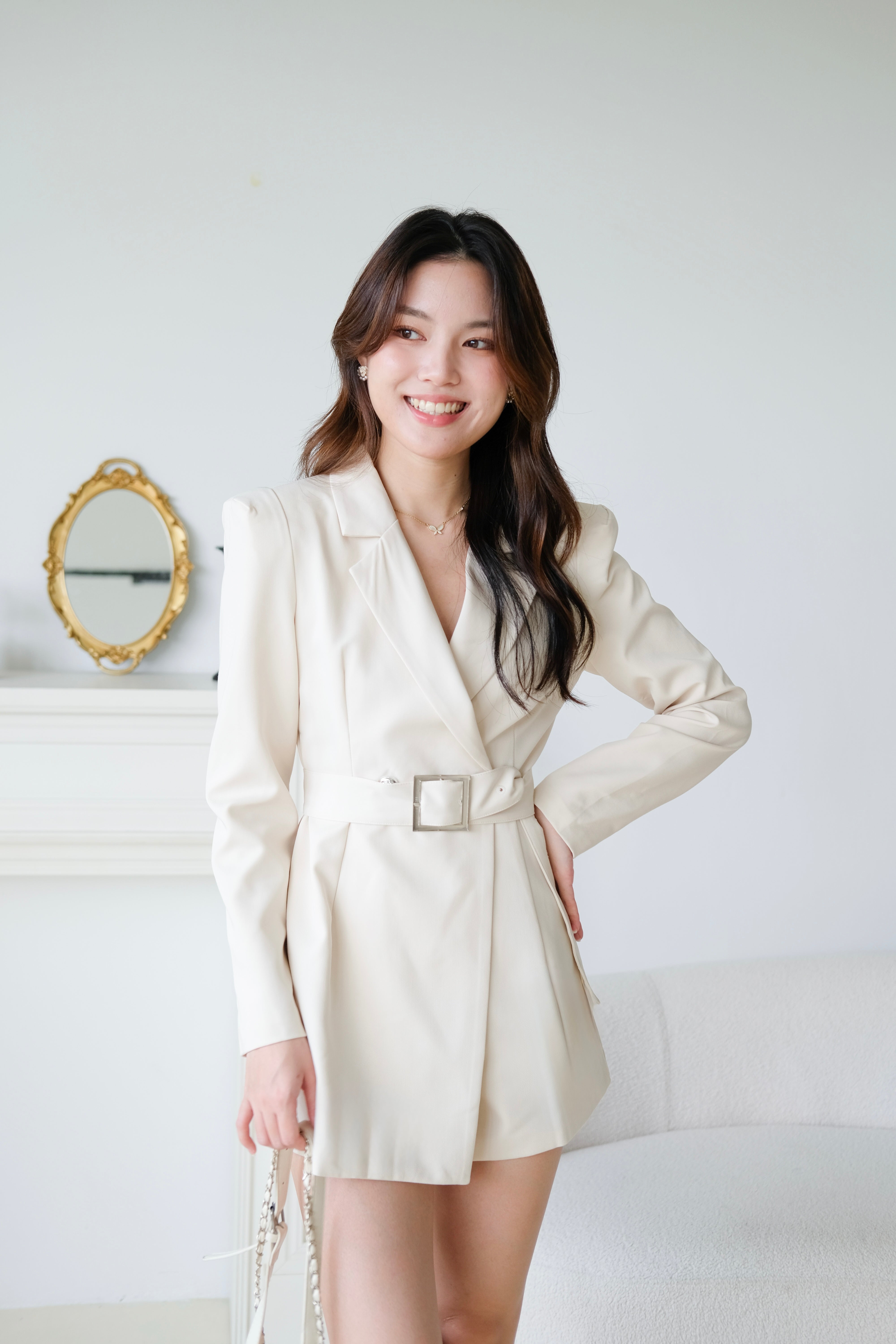 Quinn Blazer Belted Romper (Beige)