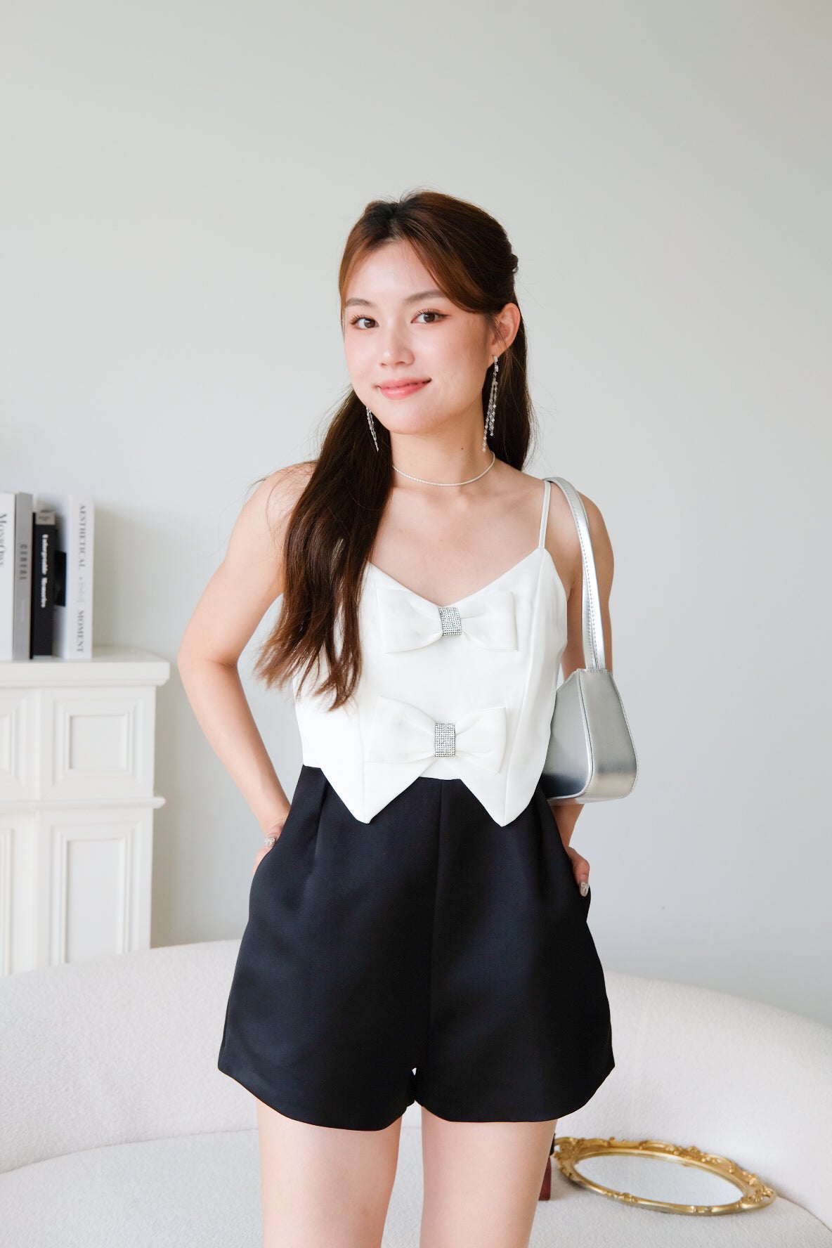 Mae V Neck Ribbon Romper (White)