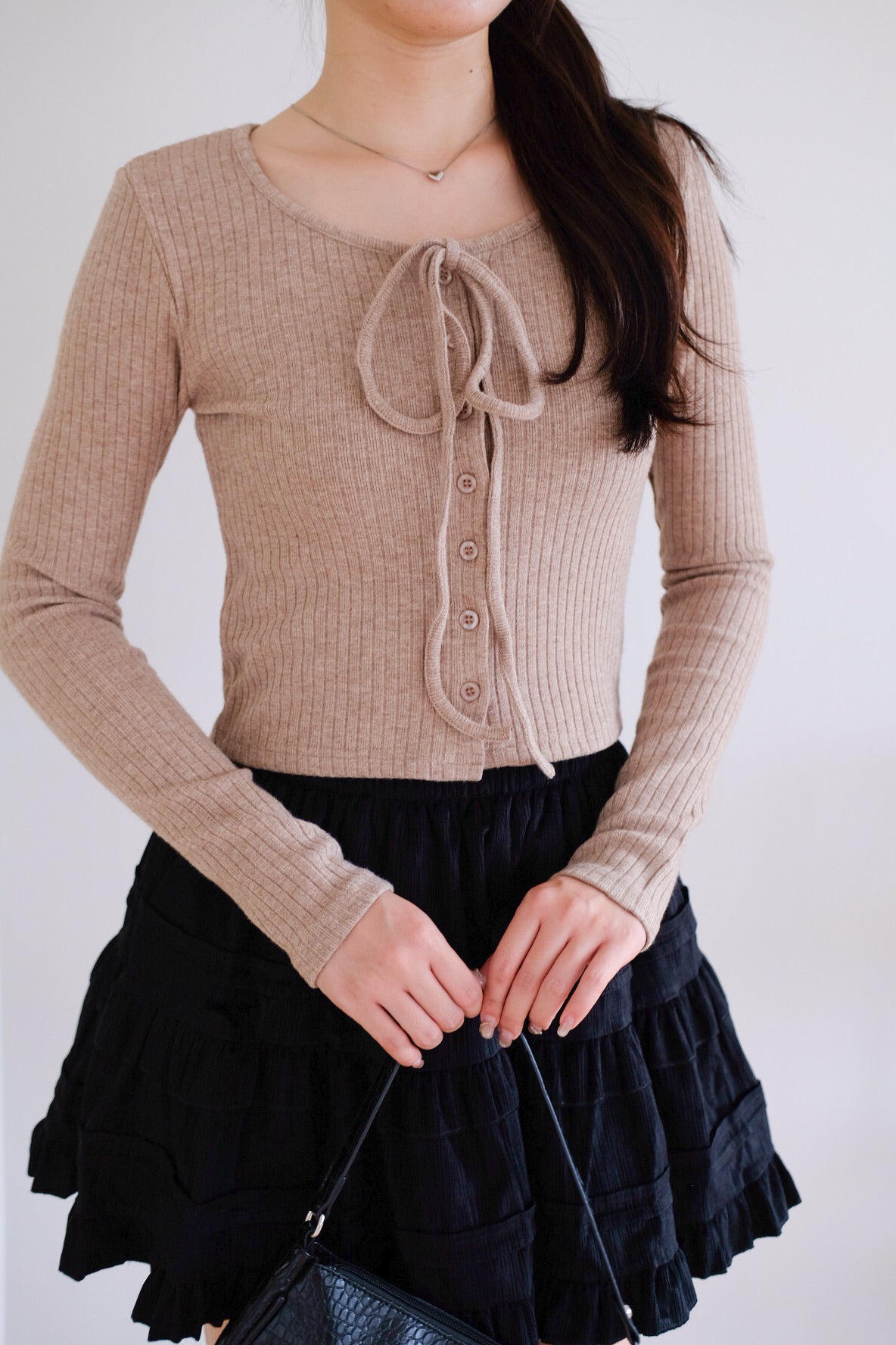 Coco Ribbon Long Sleeve Knit Top (Light Brown)