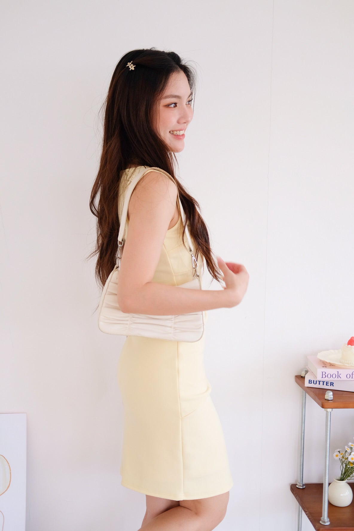 Annette Boatneck Ruched Midi Dress (Yellow)