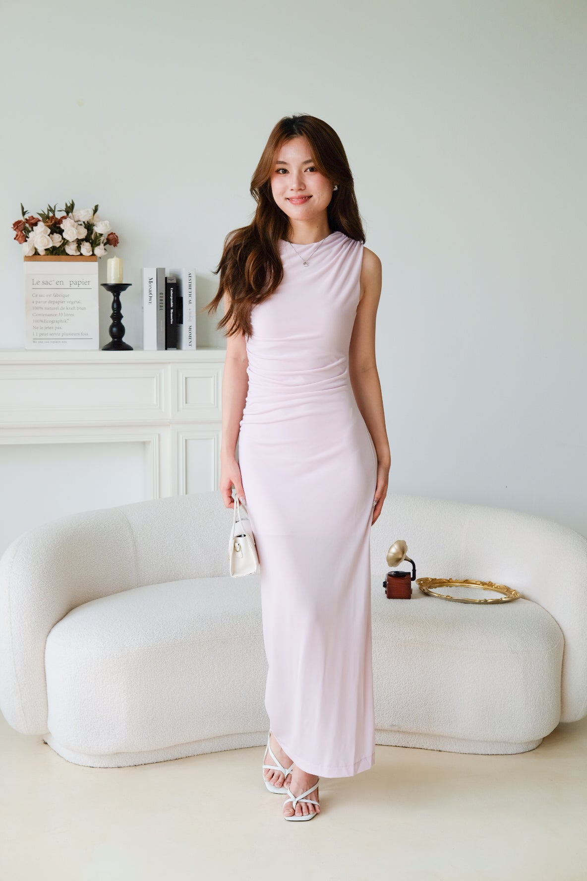 Paisley Ruched Jewel Bodycon Dress (Baby Pink)