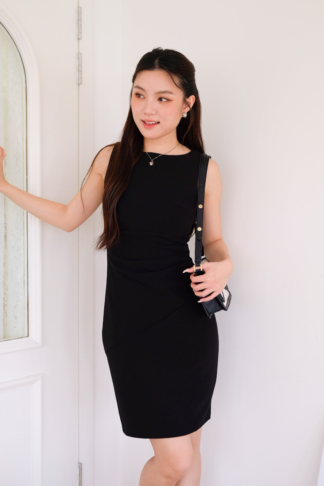 Annette Boatneck Ruched Midi Dress (Black)
