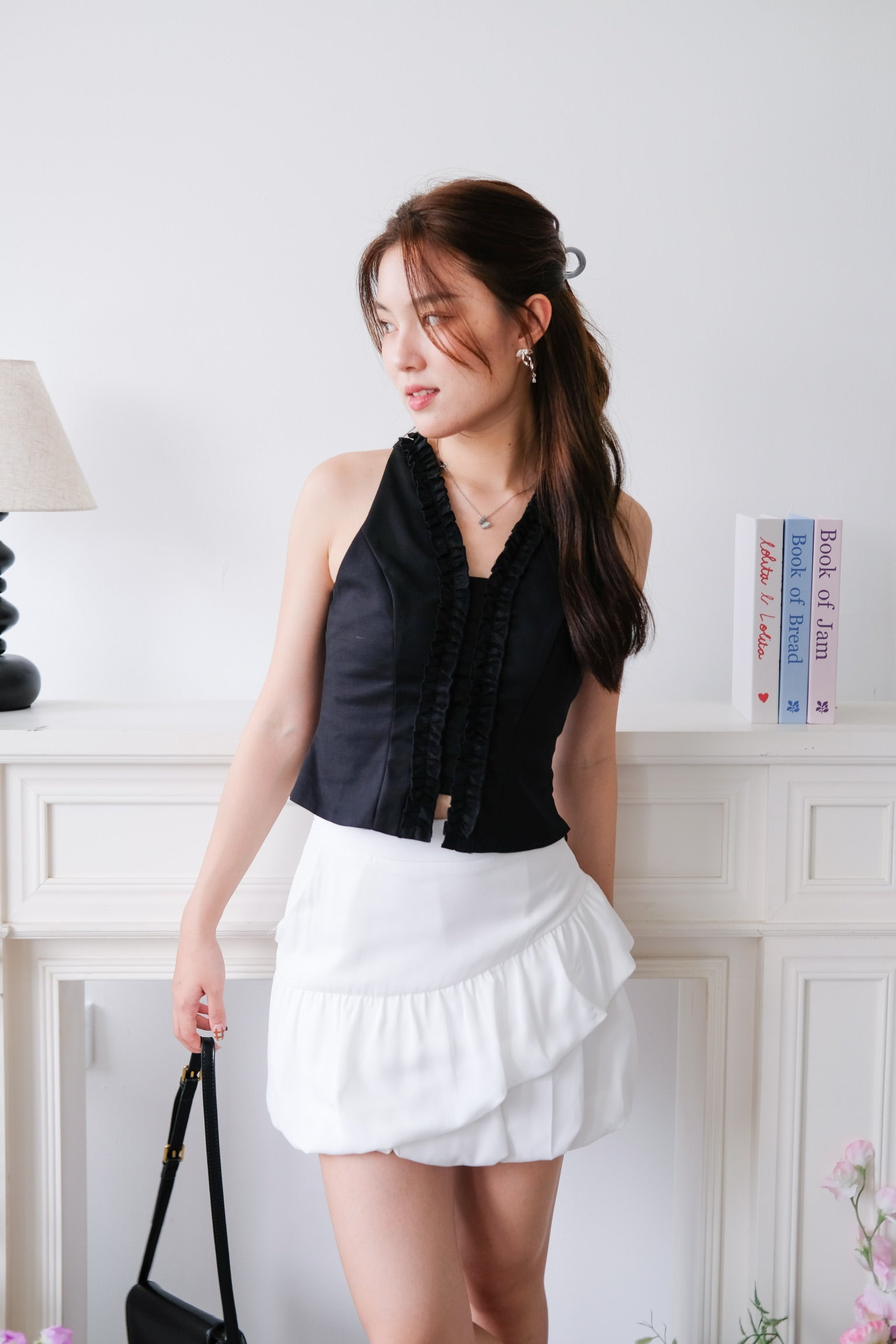 Evangeline Frills V Neck Top (Black)