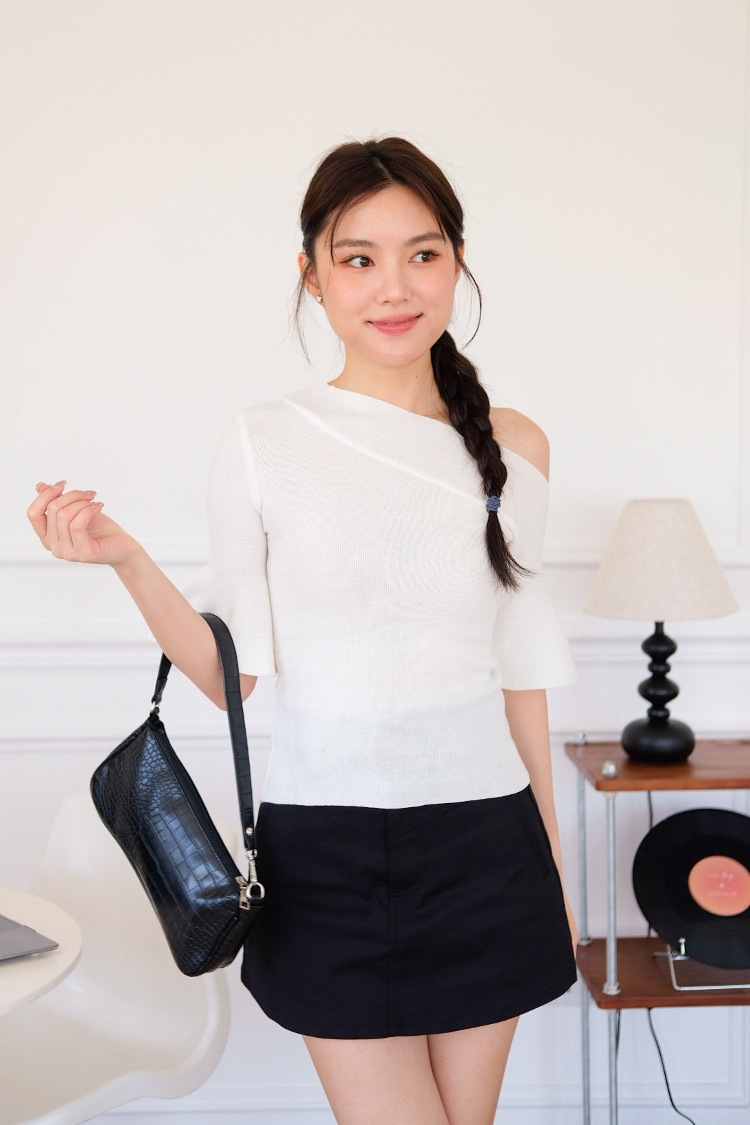 Elva Bell Sleeves Knit Top (White)