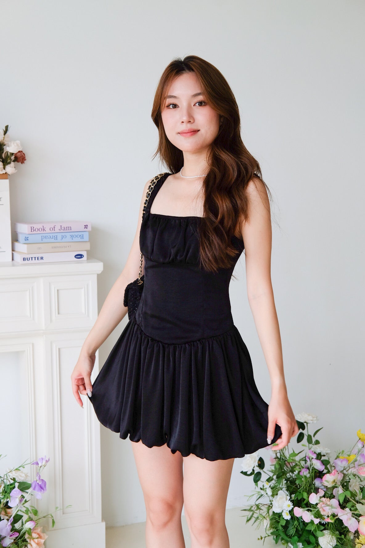 Alesha Ruched Bubble Skater Dress (Black)