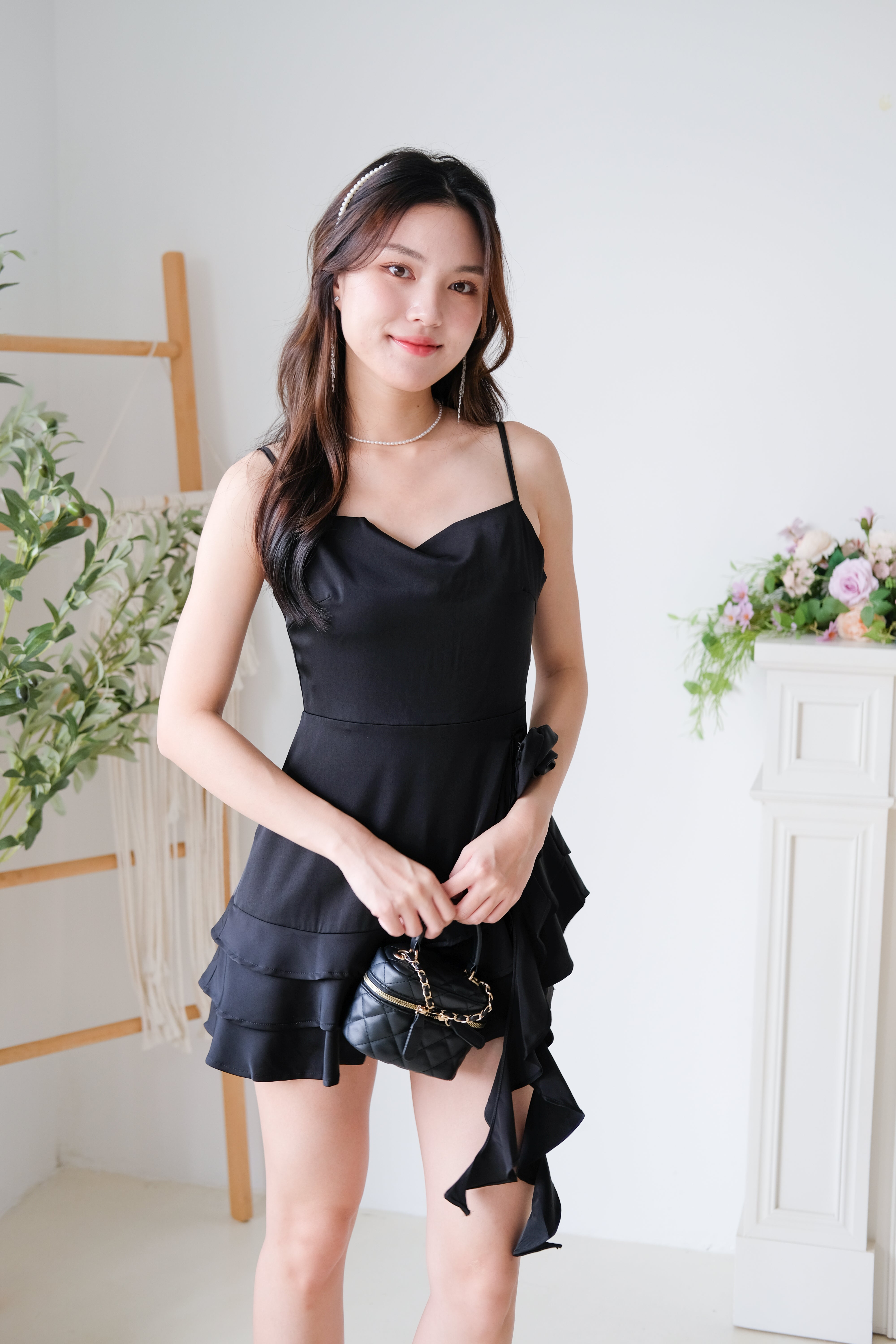 Dewy Satin Ruffle Dress (Black)