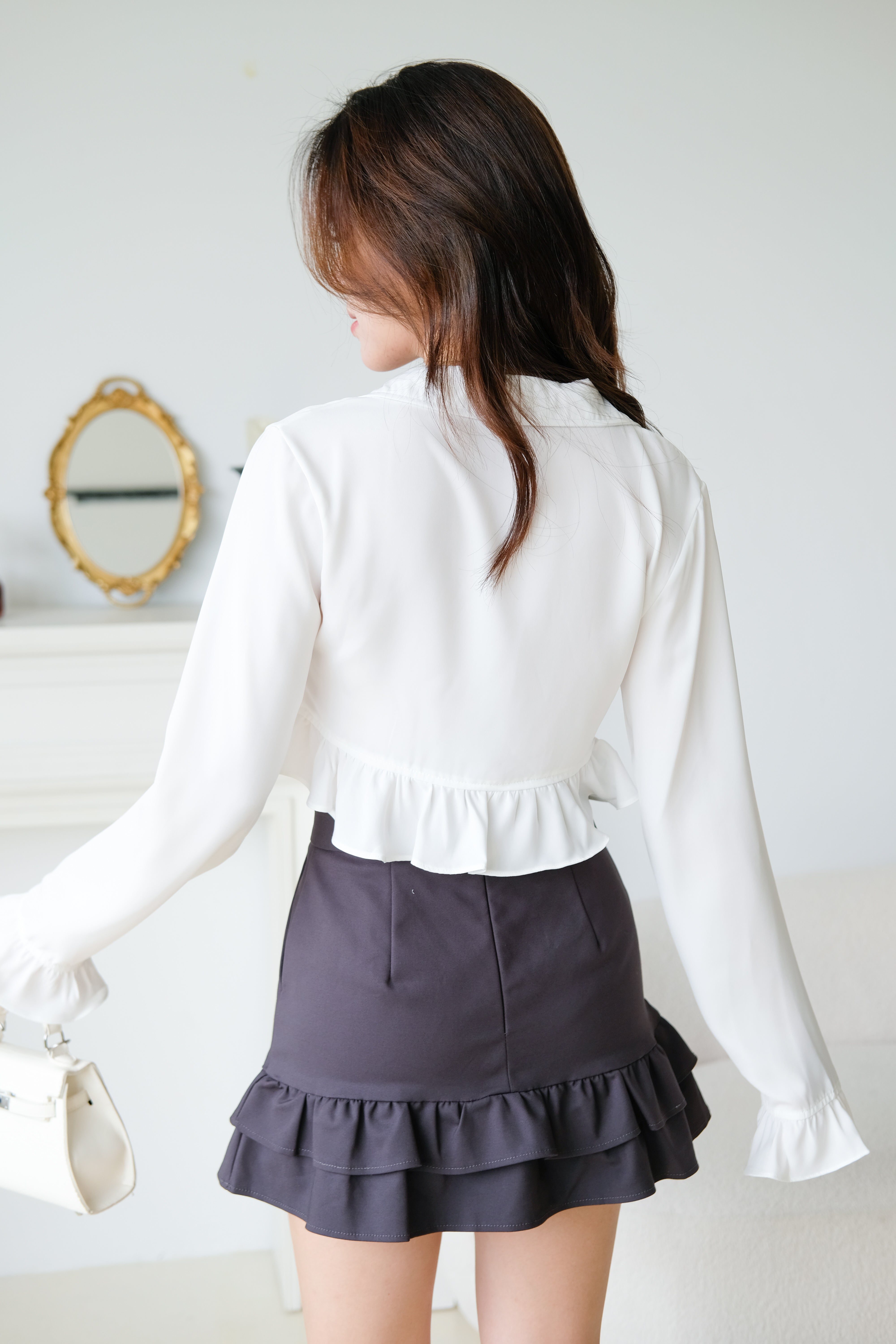 Nikki Ribbon Ruffle Sleeved Crop Top (White)