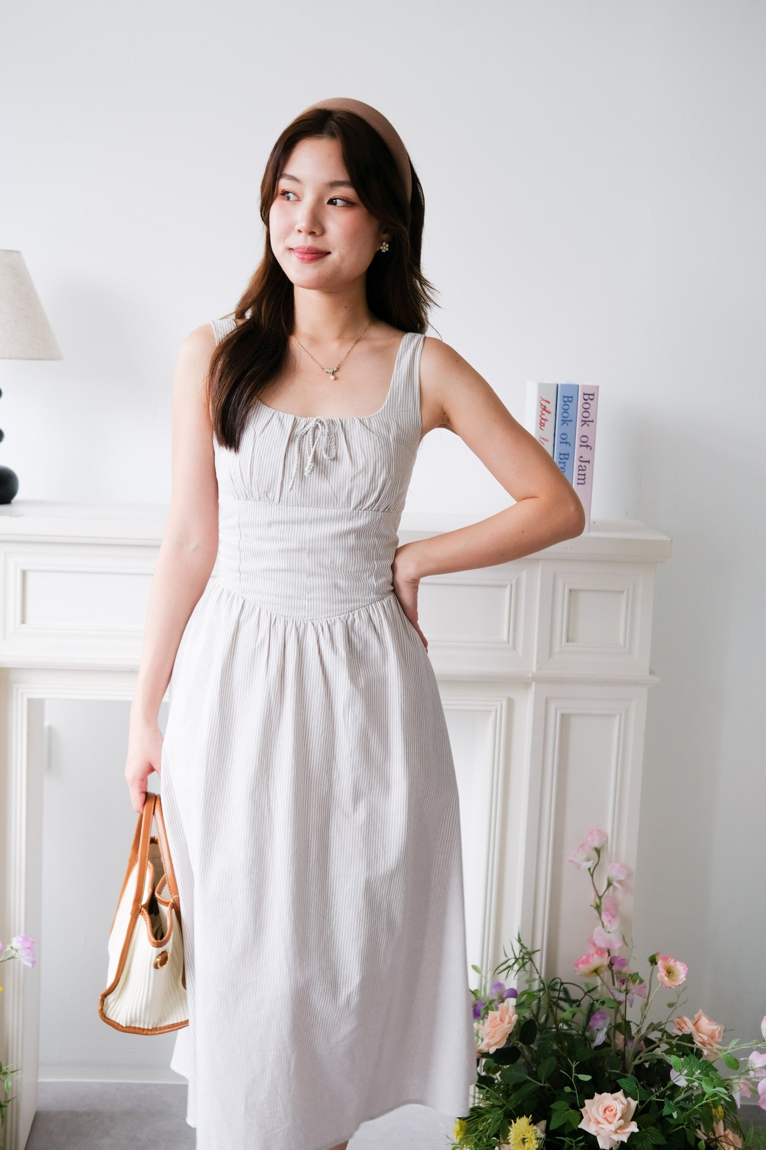 Carmie Thick Waist Midaxi Dress (Beige Stripes)