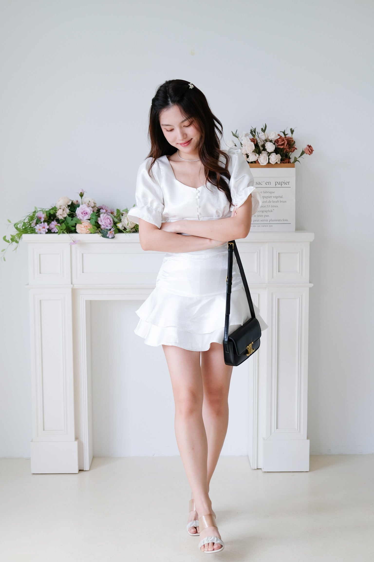Lush Shimmer Satin Flare Set (White)