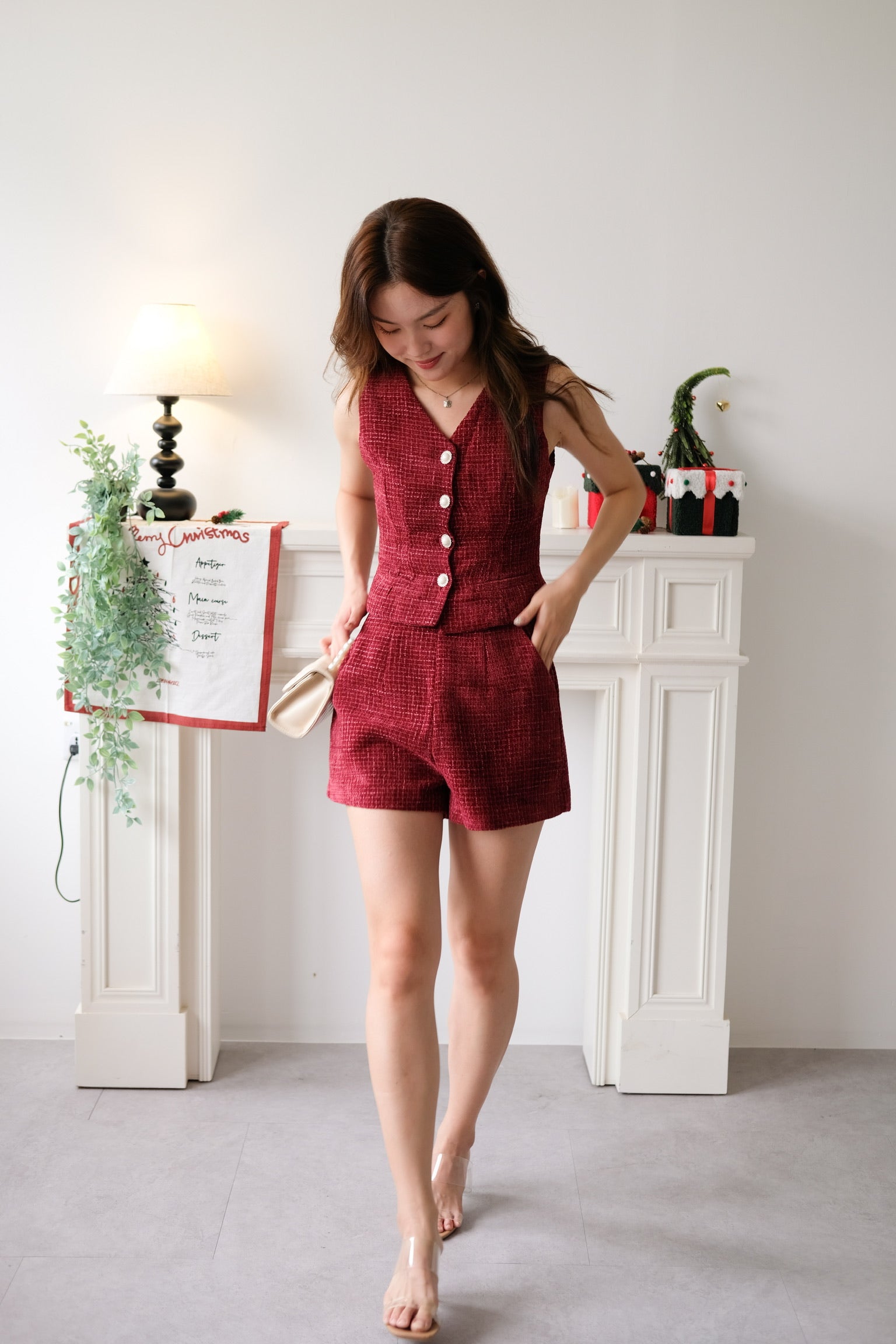 Eleanor Velvet Tweed Set (Burgundy)