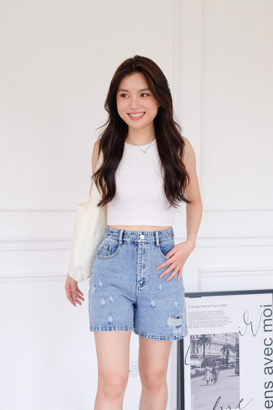 Easy Going Ripped Denim Mom Shorts (Mid Blue)
