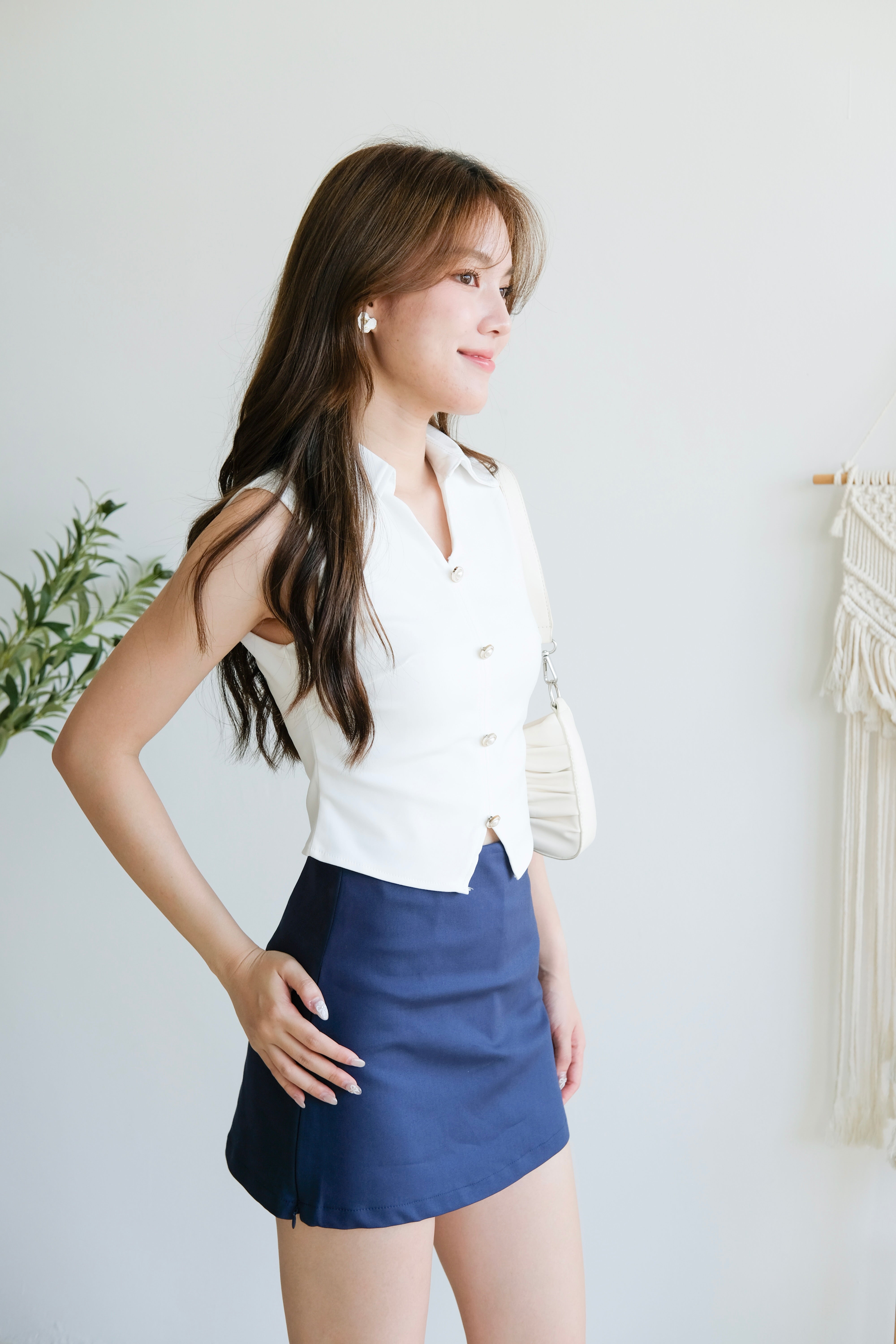 Teena Pearl Button Collared Top (White)