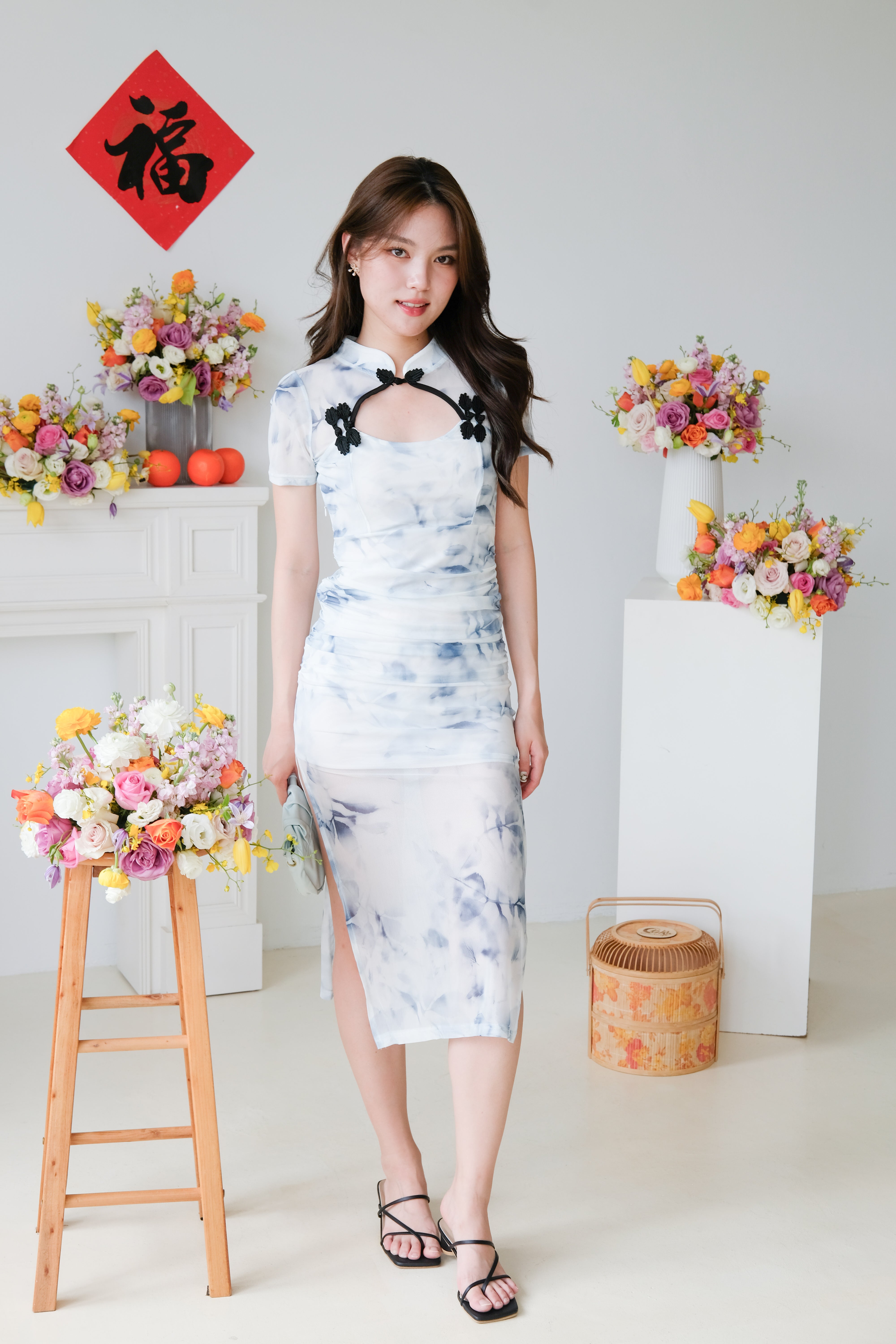 Xuan Mesh Slit Midi Cheongsam (Blue)