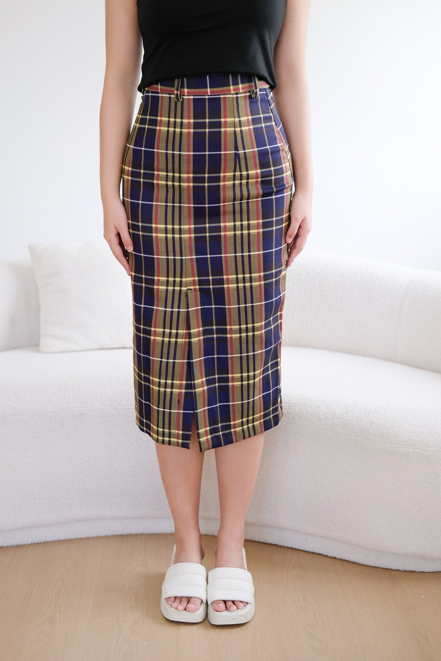 Navy Blue Grid High Waisted Midi Skirt