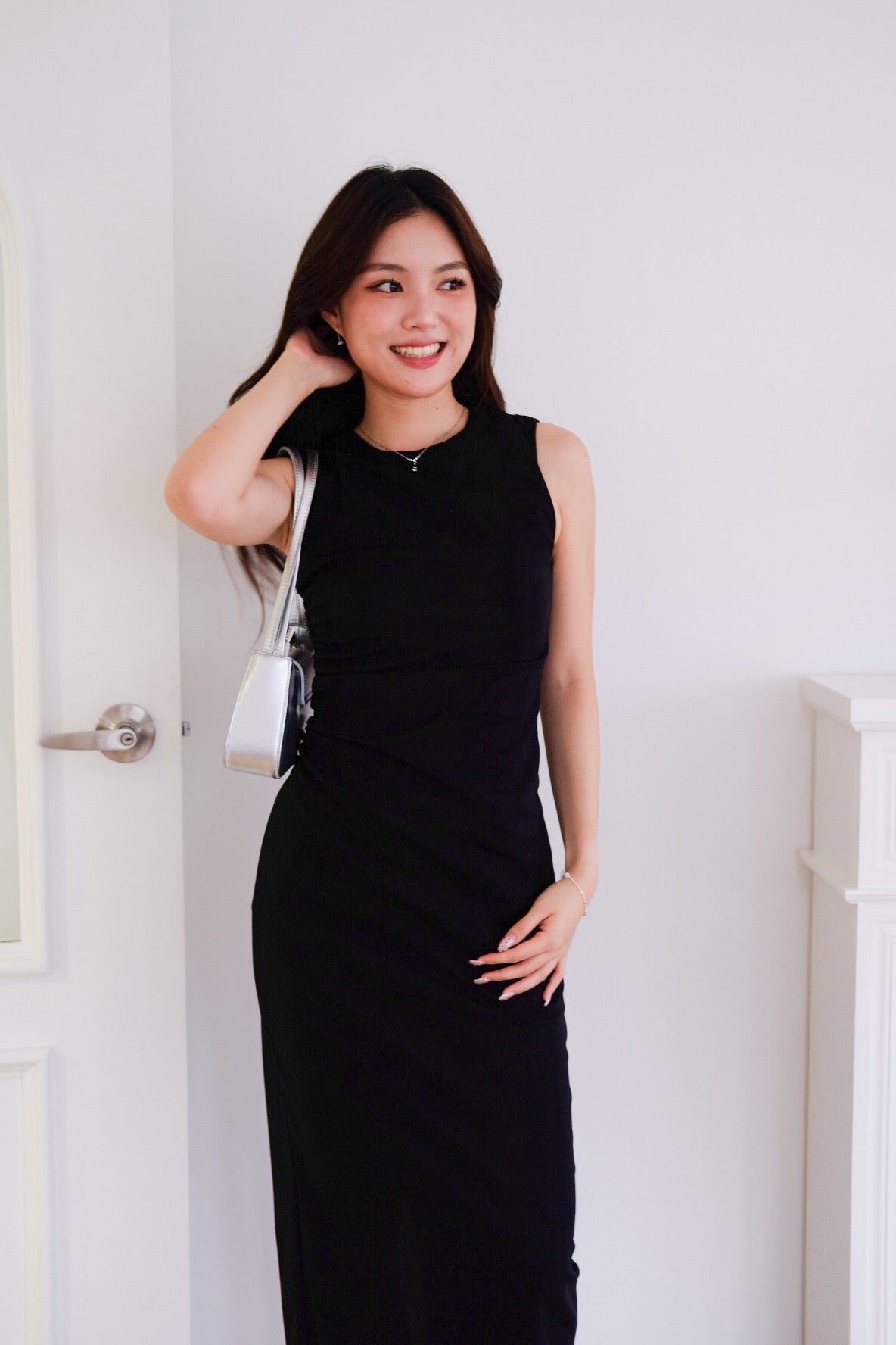 Brianna Ruched Jewel Bodycon Maxi Dress (Black)