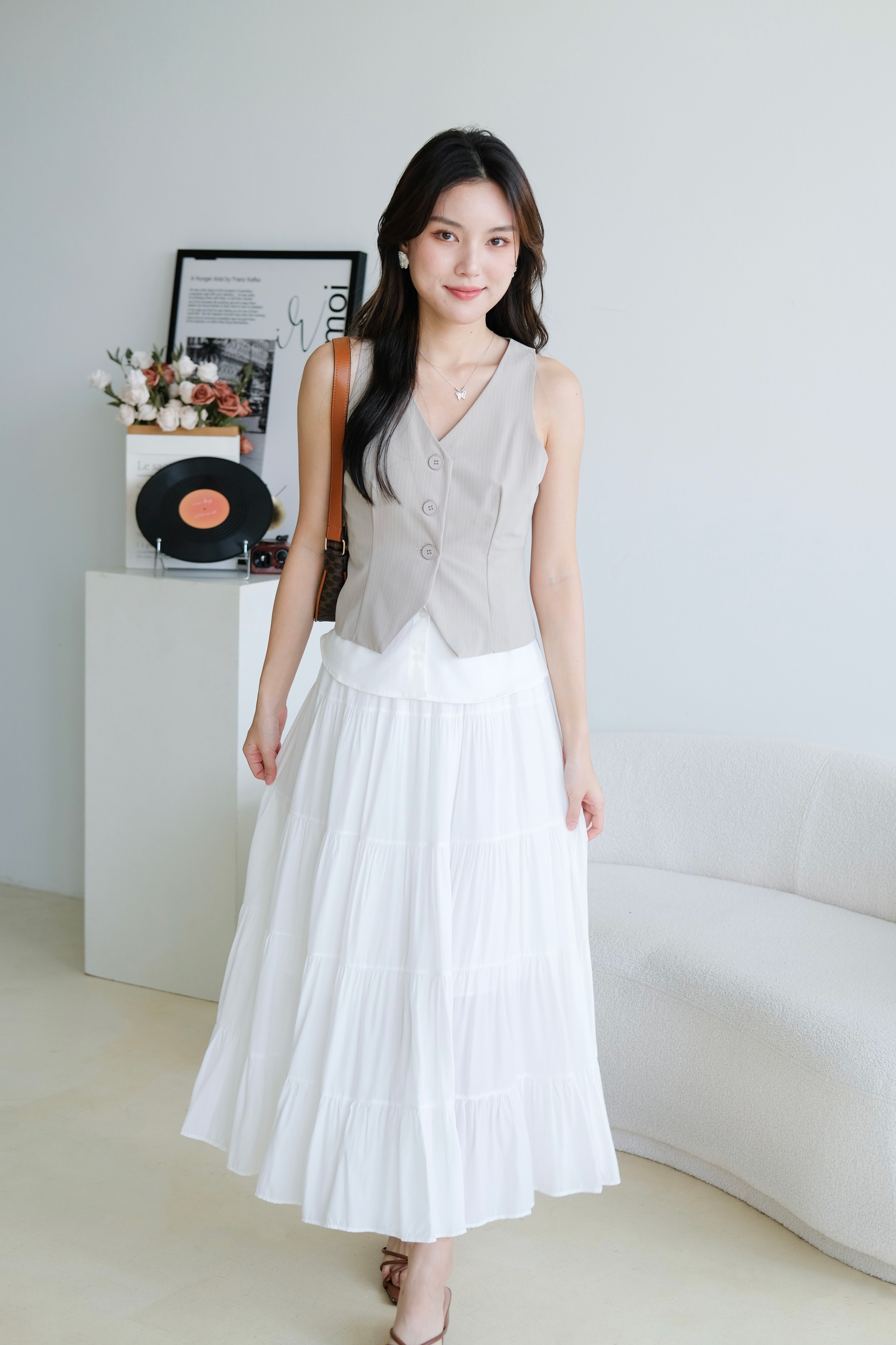 Veen Pinstripe Contrast Vest Top (Light Grey)