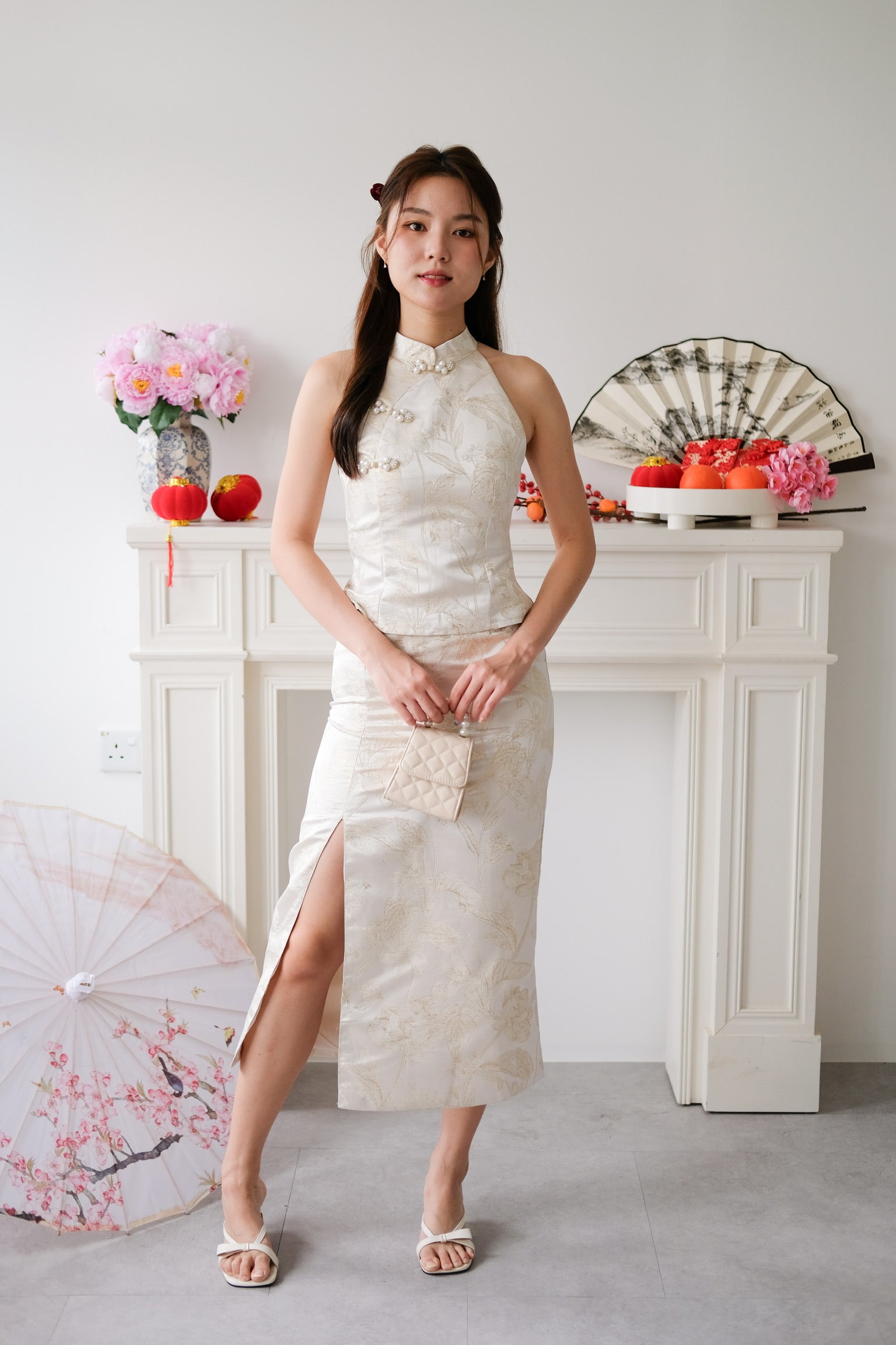 Yan Xi Halter Maxi Cheongsam Set (Cream Gold)