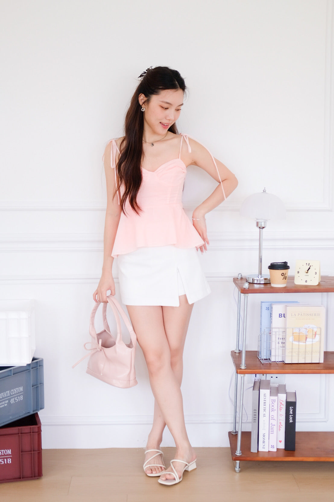 Mona Self Tie Ribbon Peplum Top (Pink)