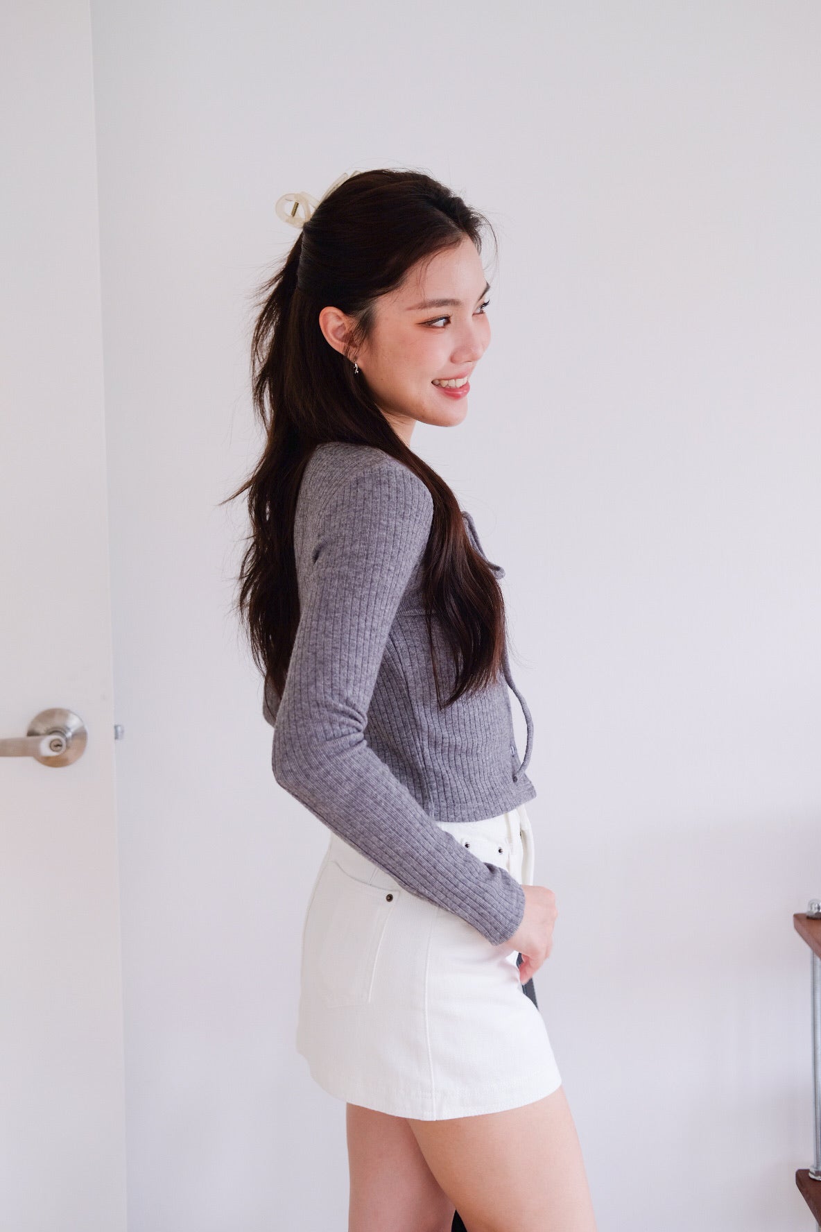 Coco Ribbon Long Sleeve Knit Top (Grey)