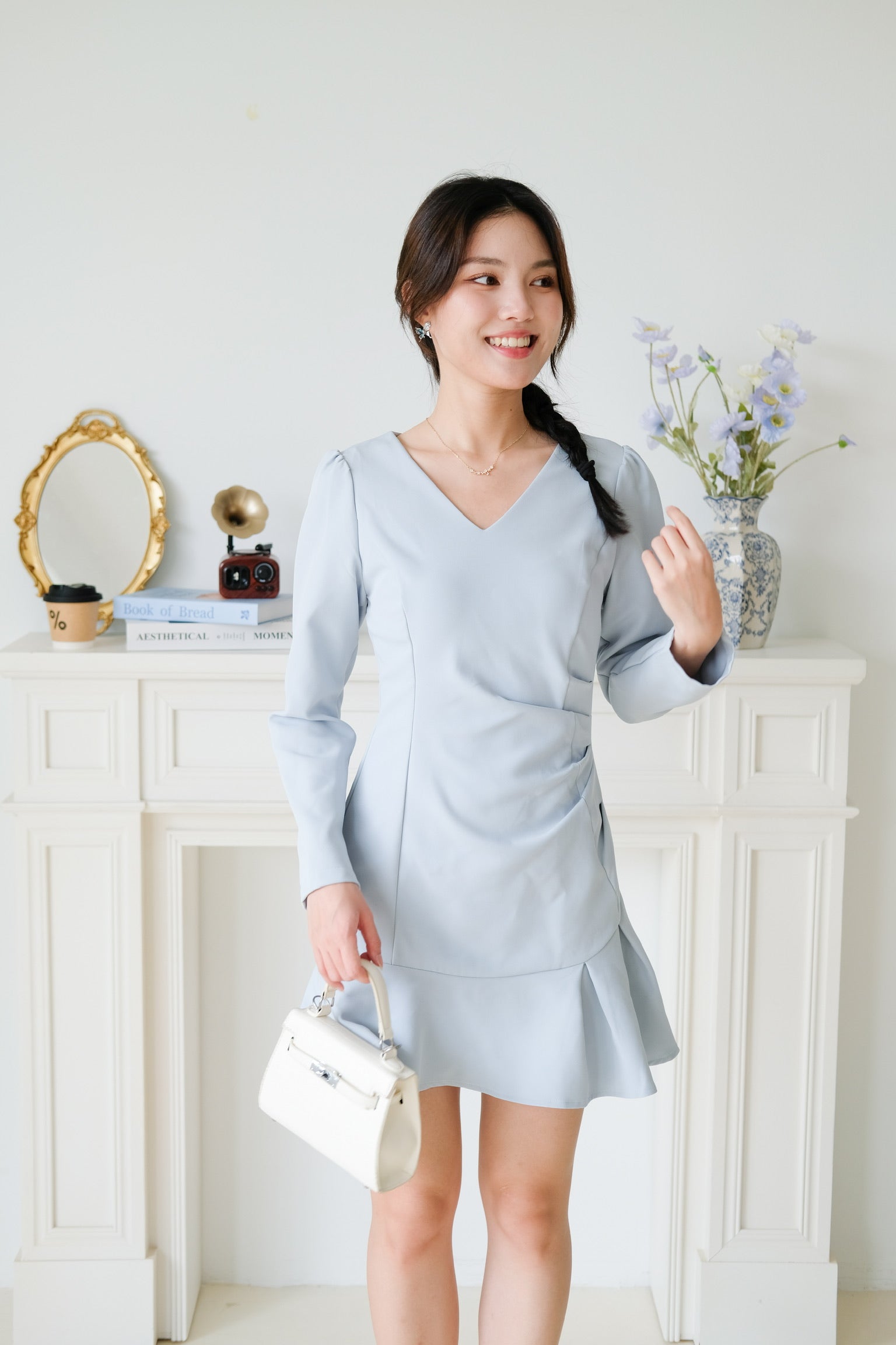 Phoebe Sleeves Ruffle Dress (Dusty Blue)