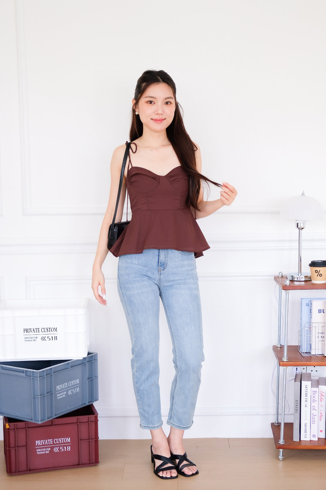 Mona Self Tie Ribbon Peplum Top (Mocha)