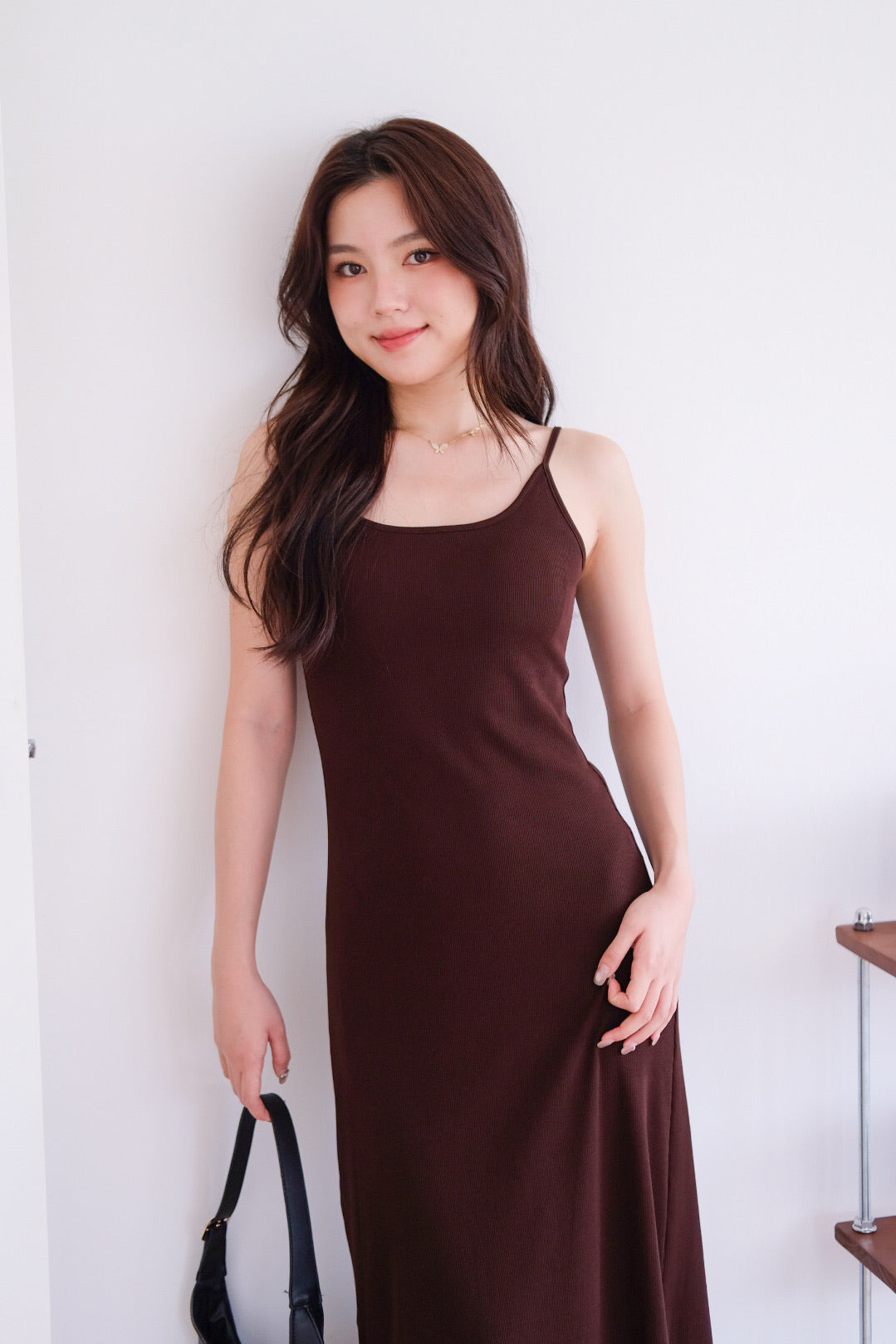 Jocelyn Padded Ribbed A Line Dress (Espresso Brown)