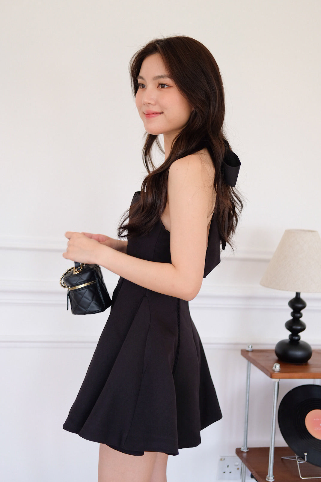 Violette Self Tie Halter Skater Dress (Black)