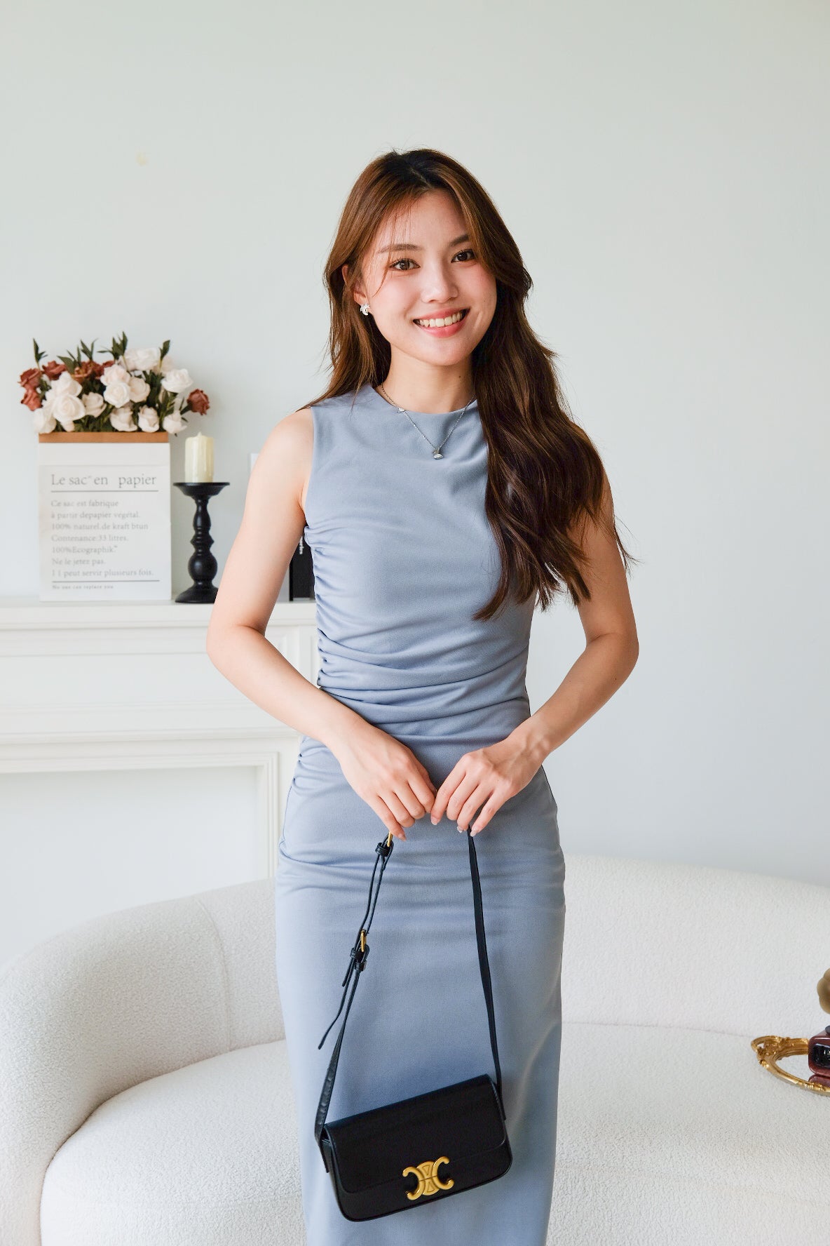 Paisley Ruched Jewel Bodycon Dress (Dusty Blue)
