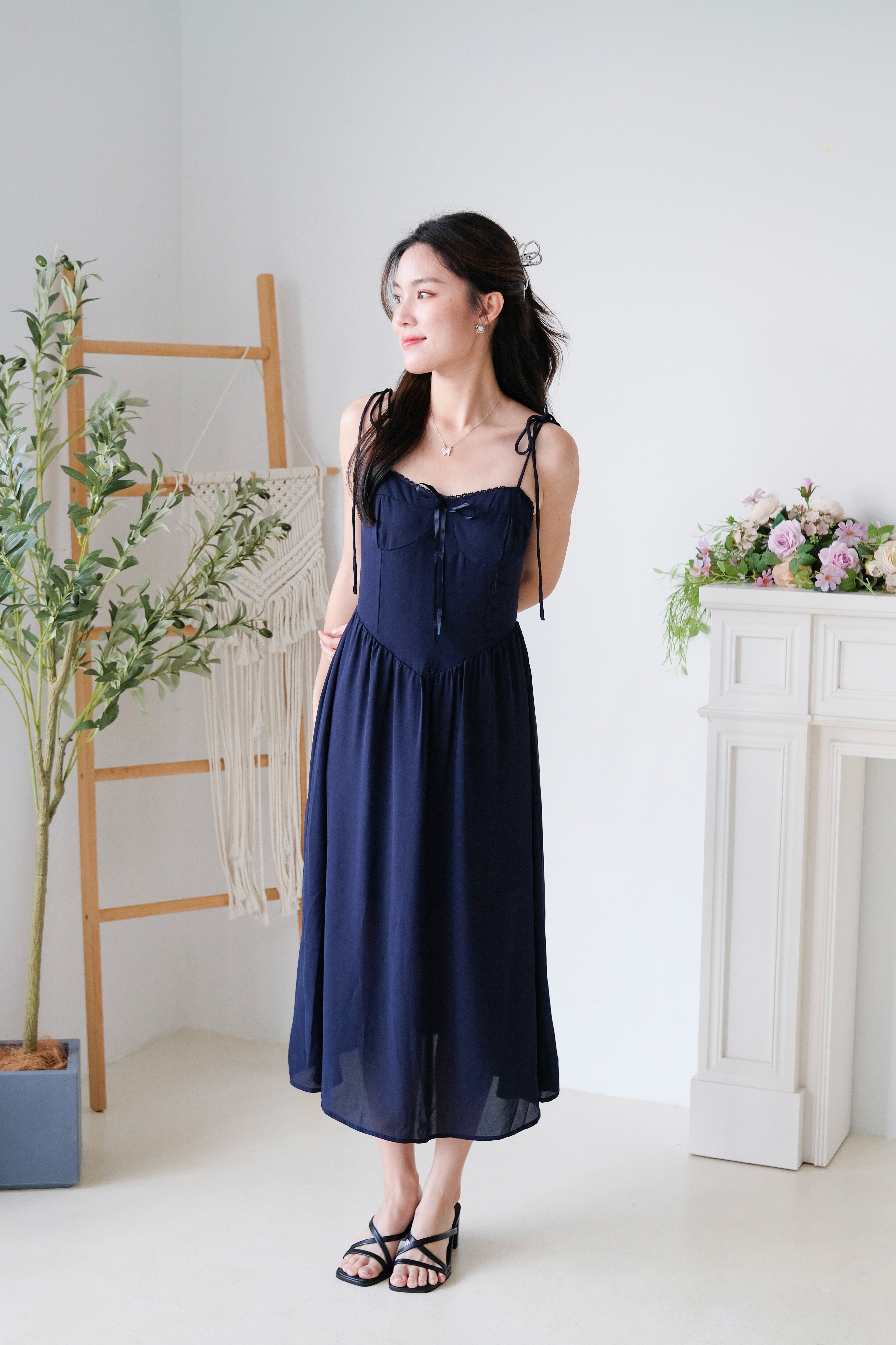 Rowena Coquette Midi Dress (Navy Blue)