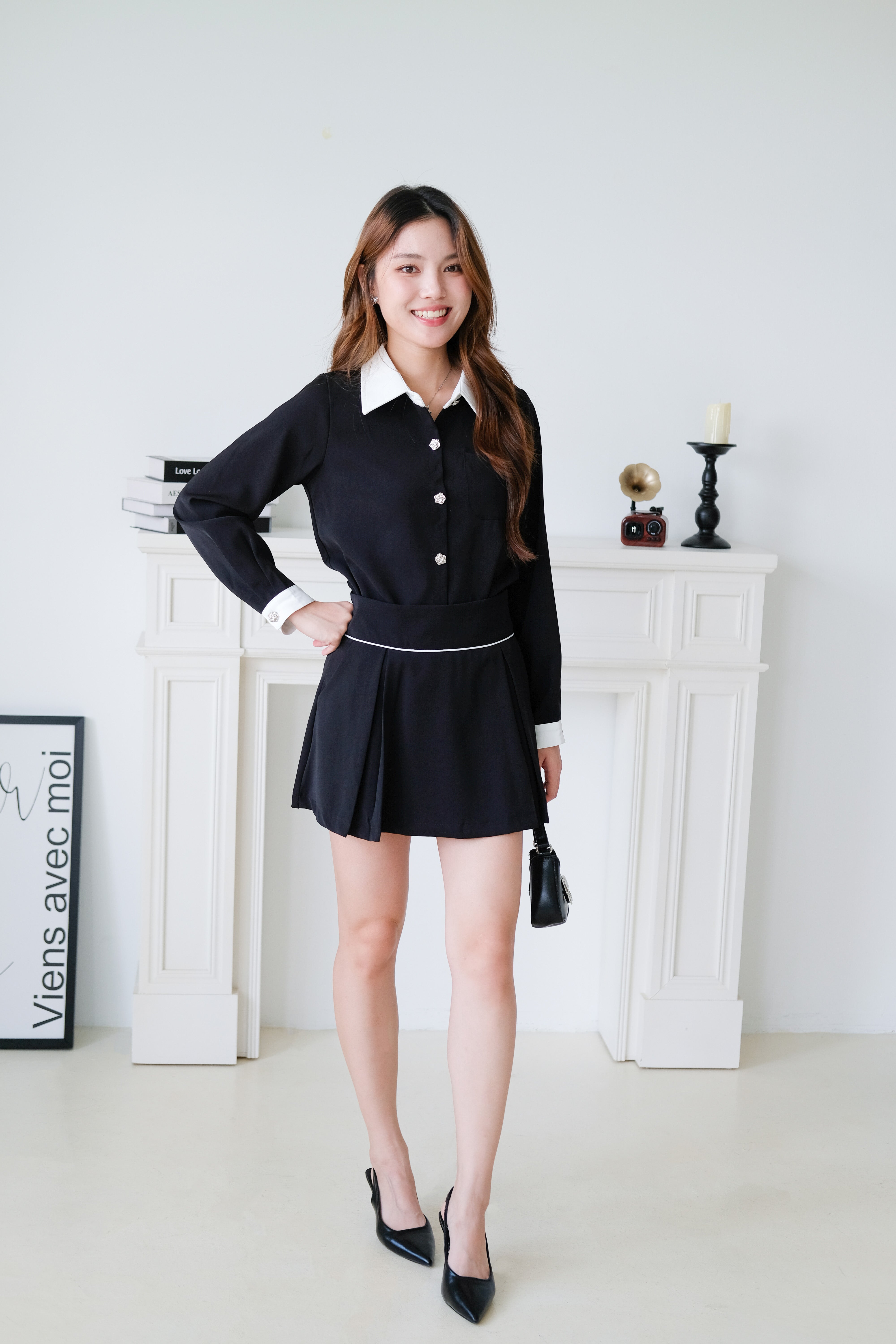 Colette Contrast Collared Casual Set (Black)
