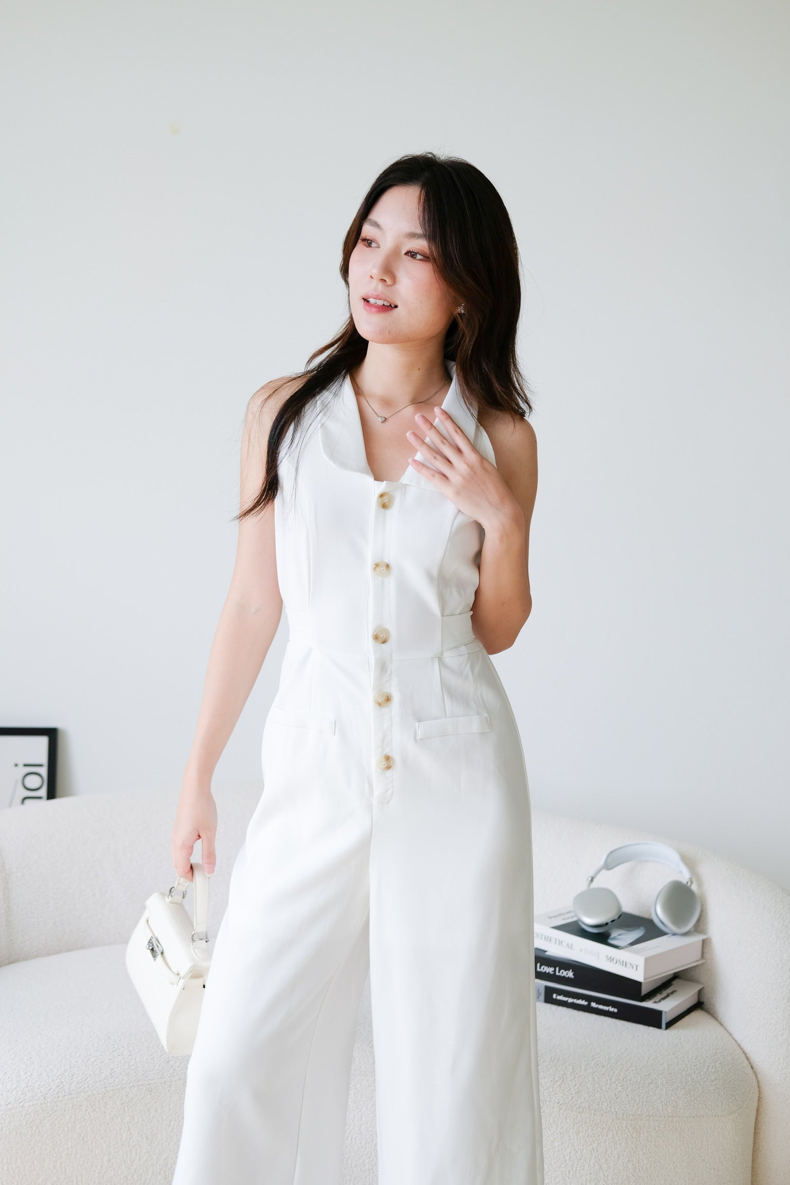 Day and Night Collared Long Jumpsuit (White)