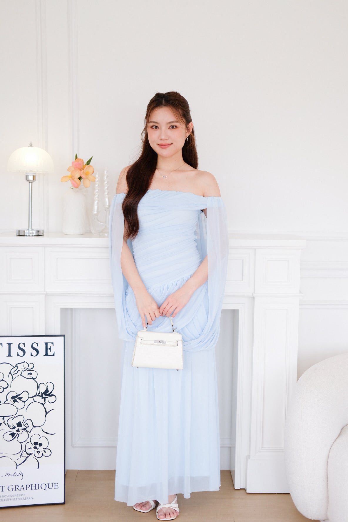 Jasmine Ruched Mesh Off Shoulder Maxi Dress (Sky Blue)