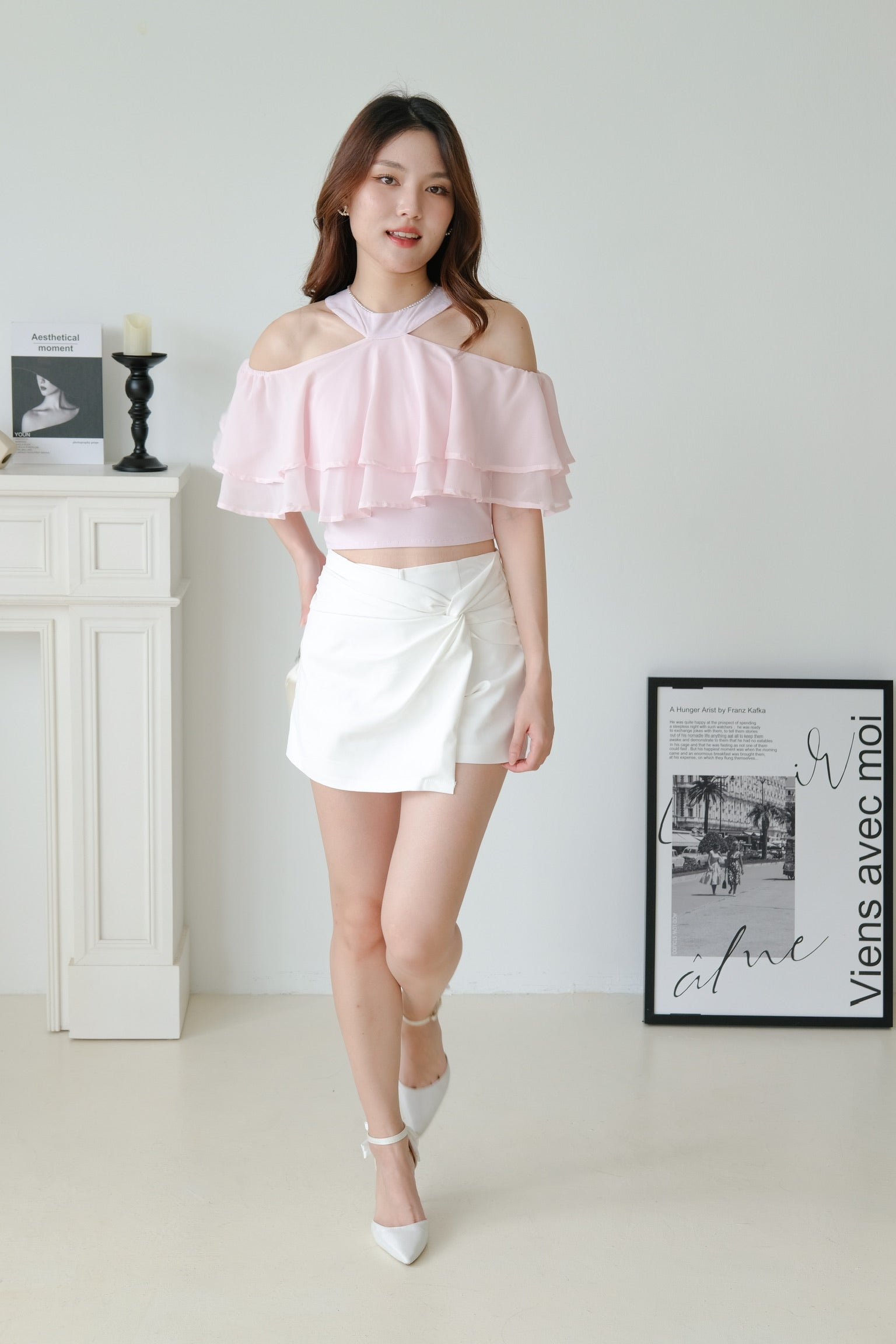 Estelle Halter Ruffle Tiered Crop (Pink)