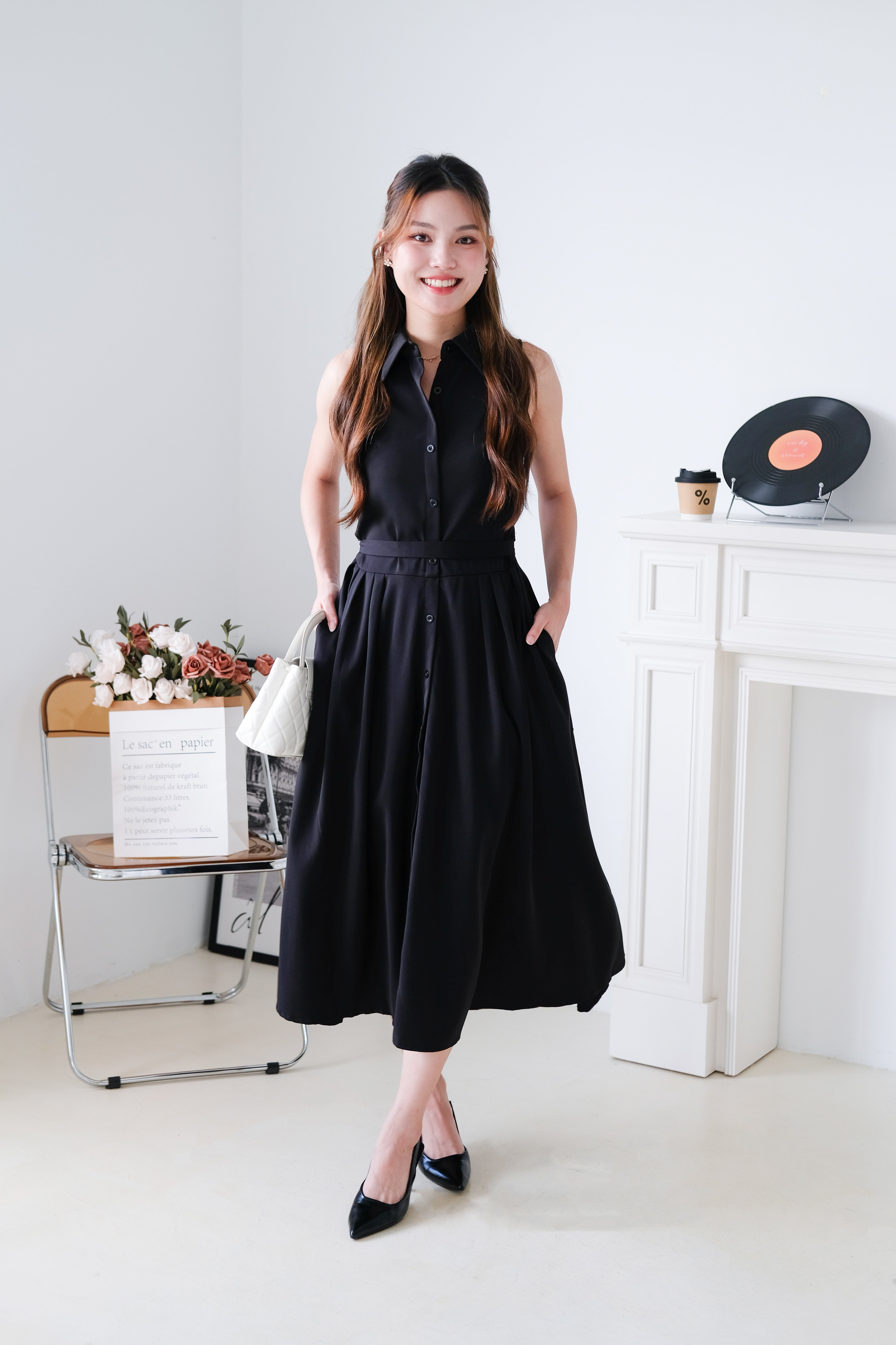 Camille Cinched Waist Collared Maxi Dress (Black)