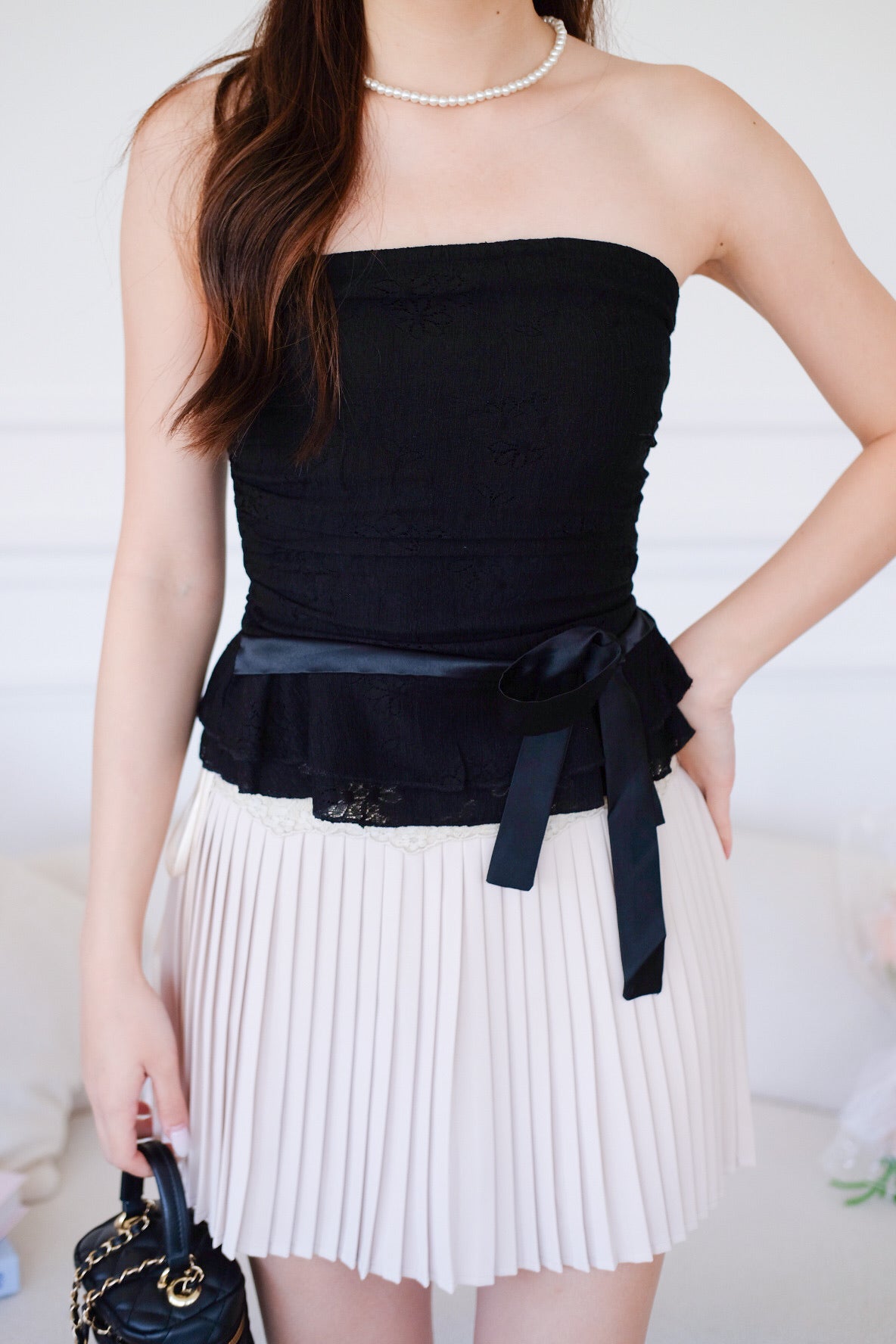 Cora Brocade Ribbon Tube Top (Black)