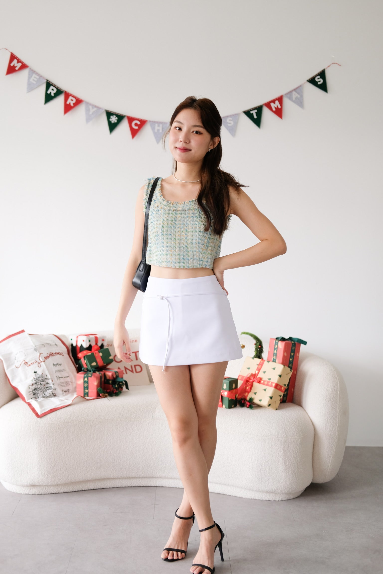 Mirea Frills Tweed Crop Top (Sea Green)
