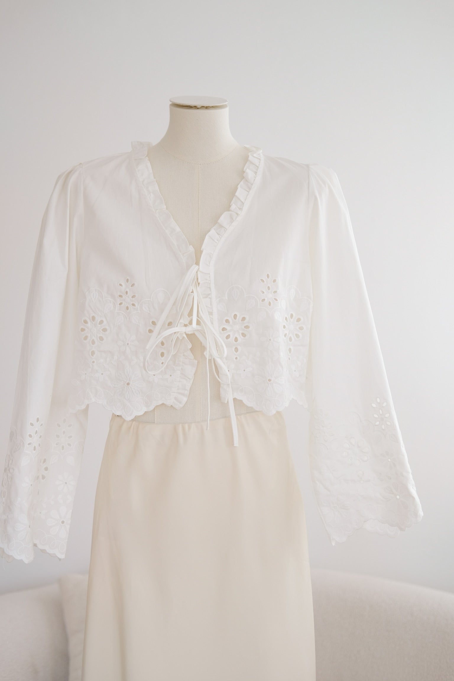 White Organza Ribbon Long Sleeves Top