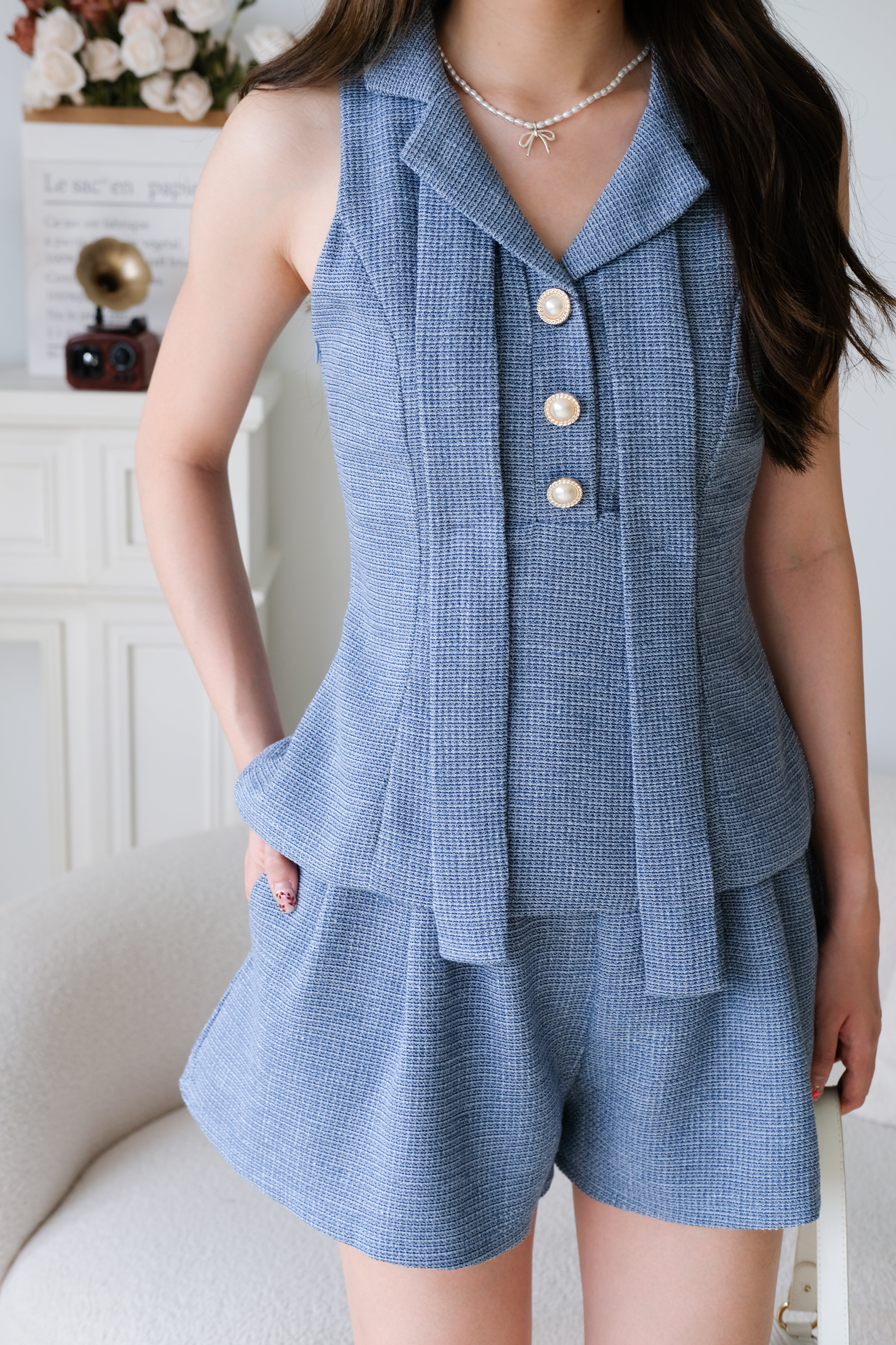 Gwen Collared Tweed Set (Sea Blue)