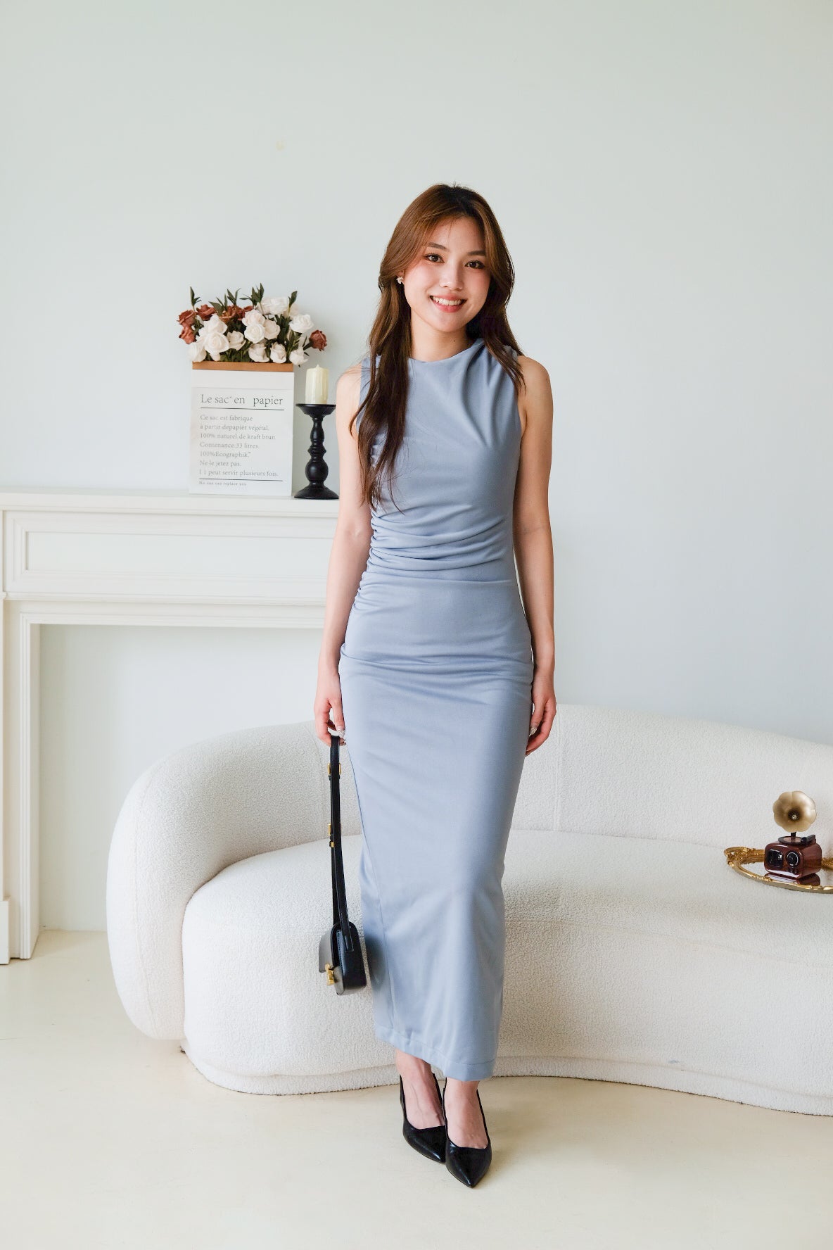 Paisley Ruched Jewel Bodycon Dress (Dusty Blue)