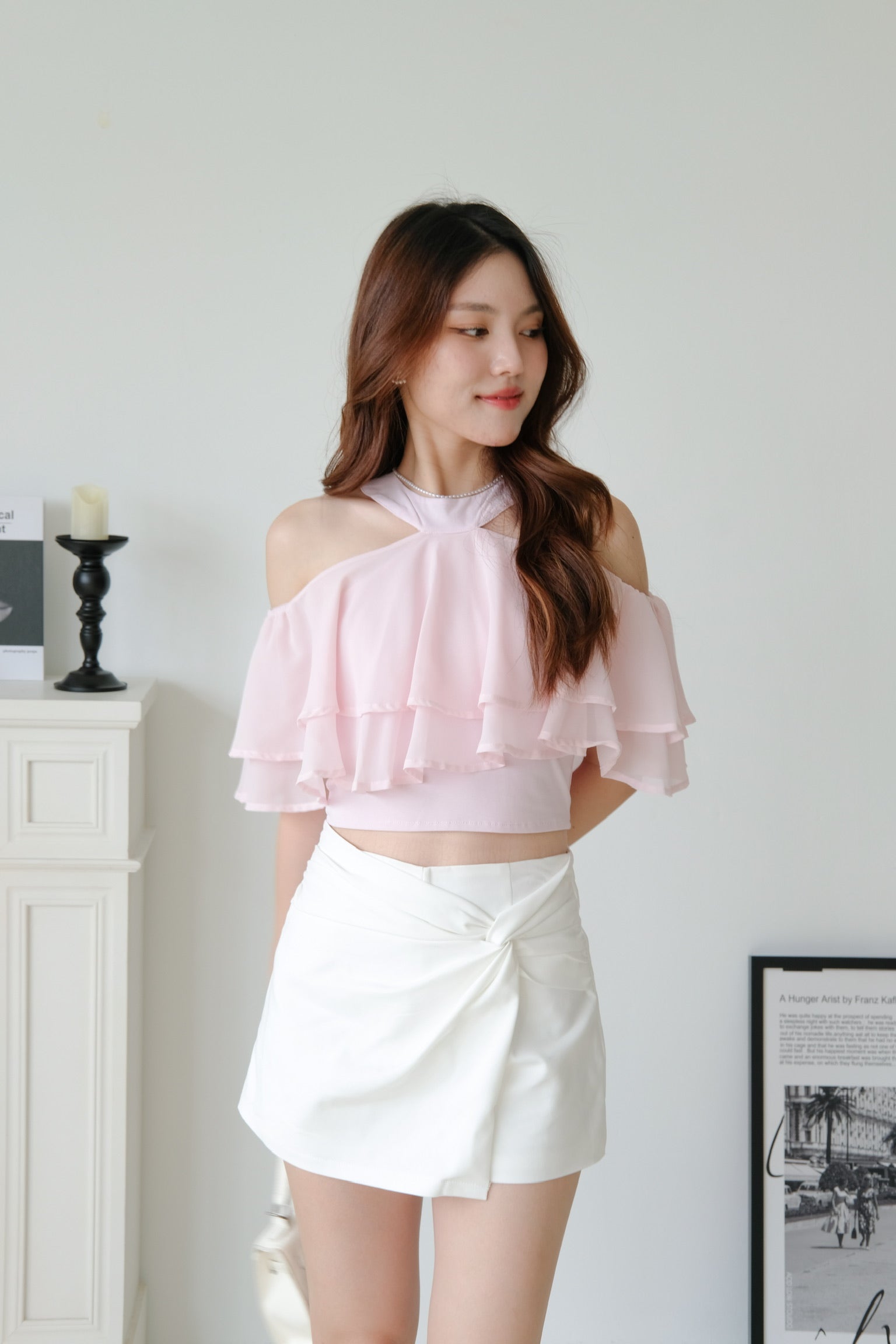 Estelle Halter Ruffle Tiered Crop (Pink)