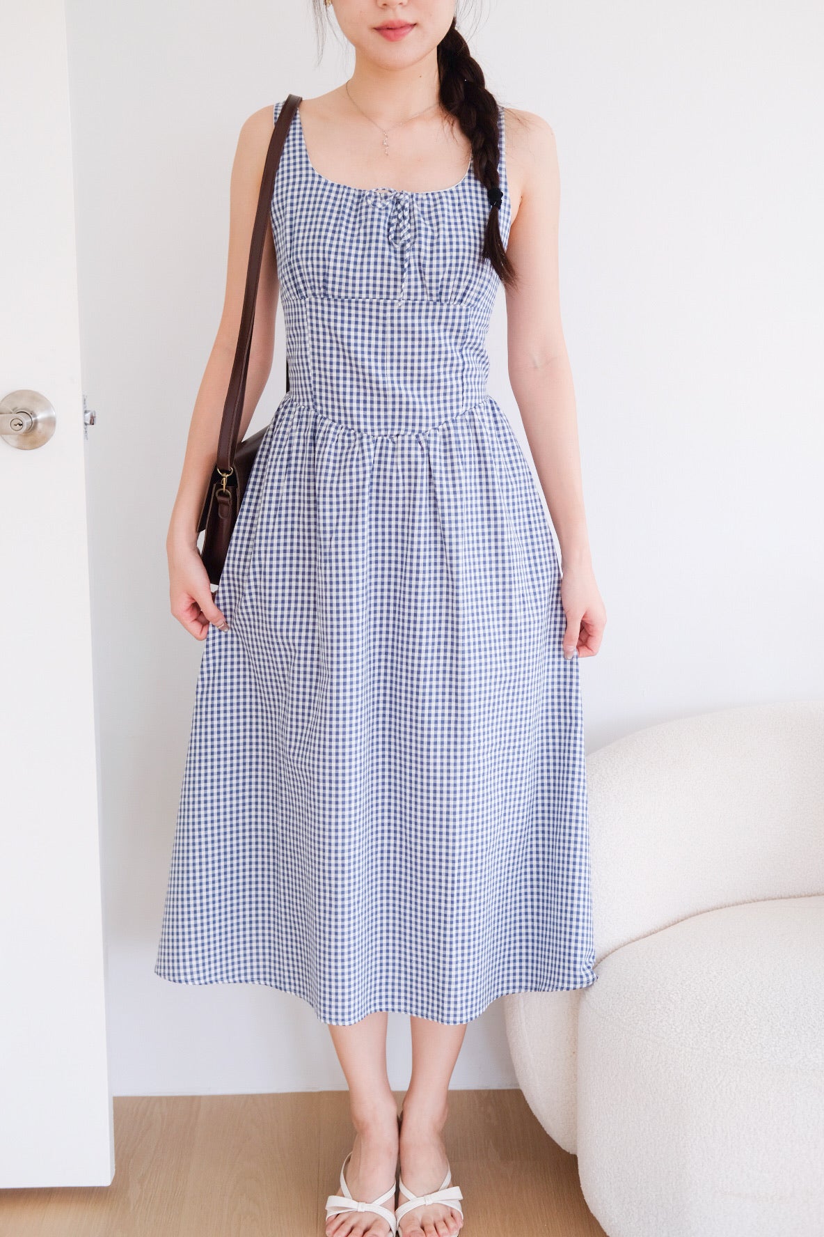 Carmie Thick Waist Midi Dress (Blue Plaid)