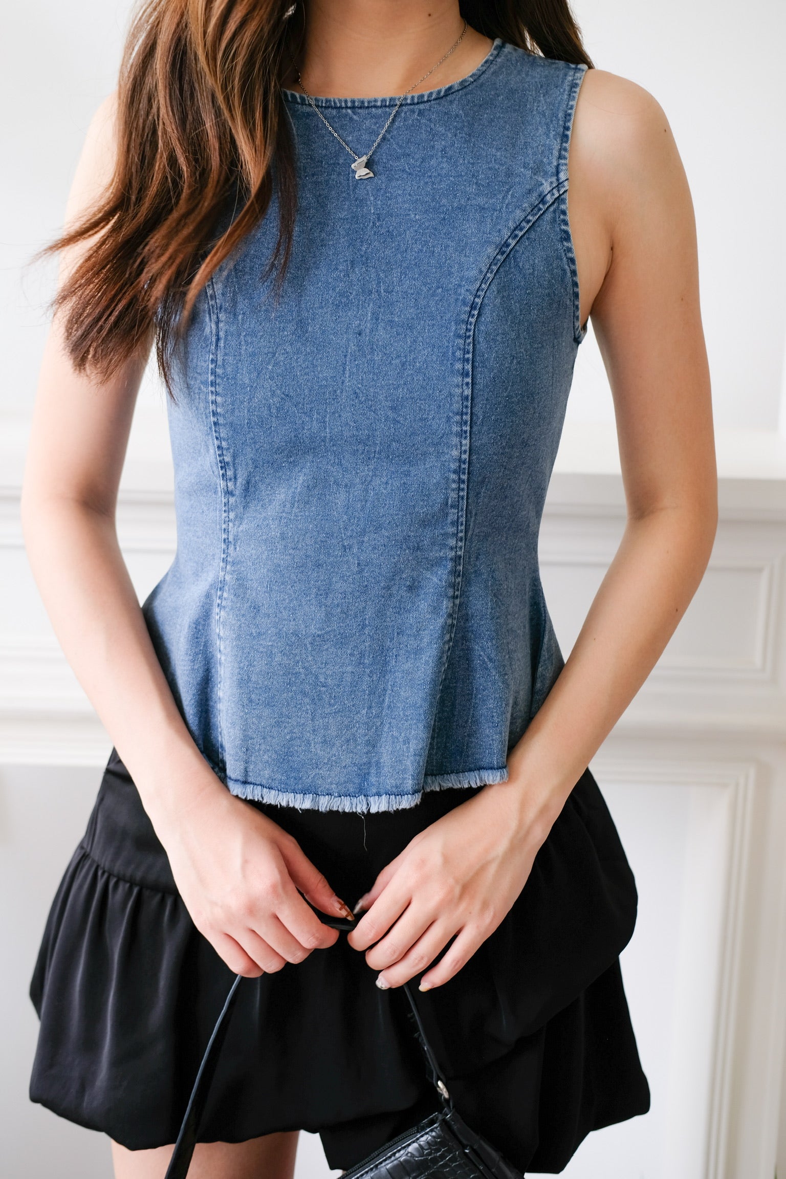 Alda Peplum Denim Top (Medium Blue)