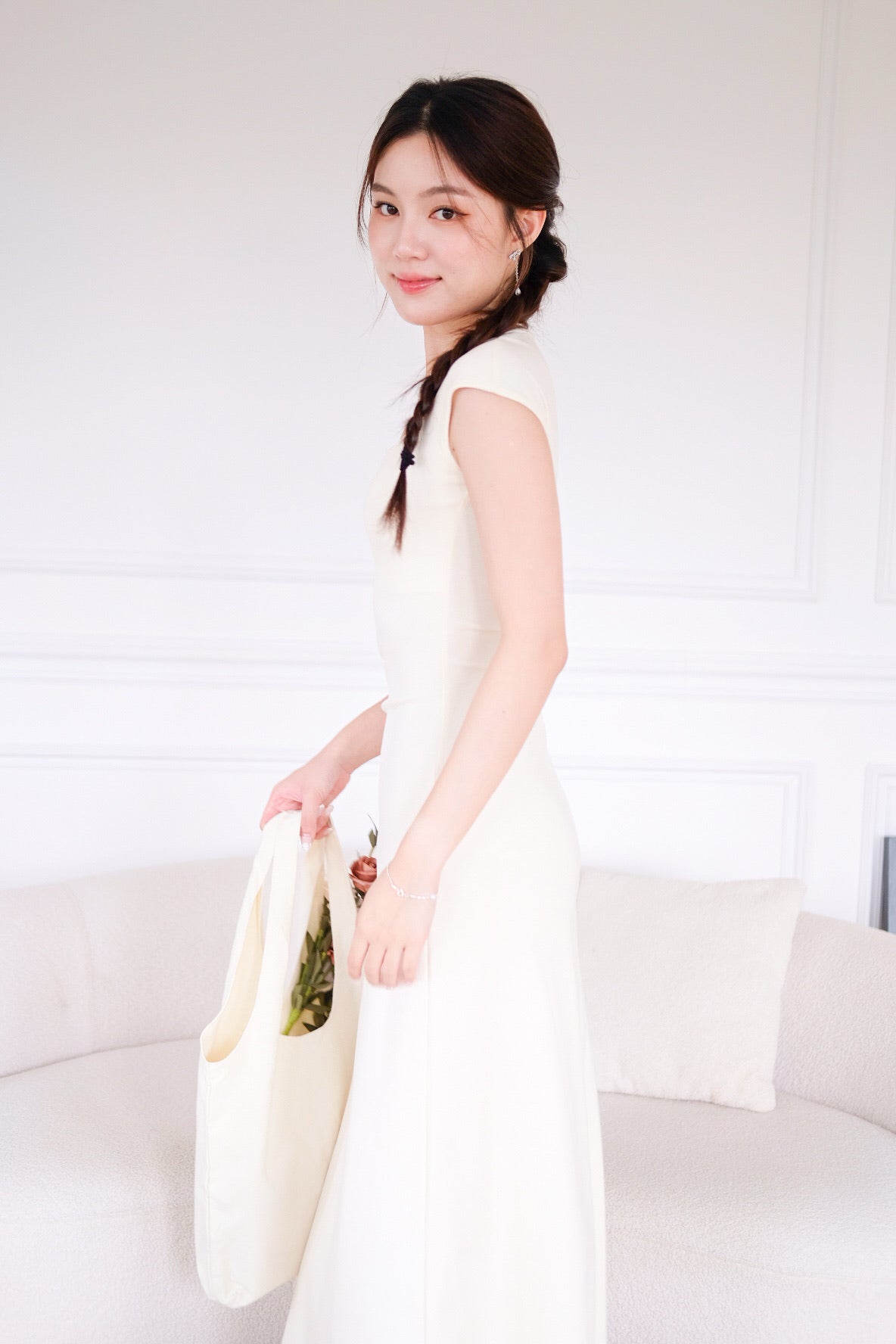 Jillian Padded Skater Maxi Dress (Beige)