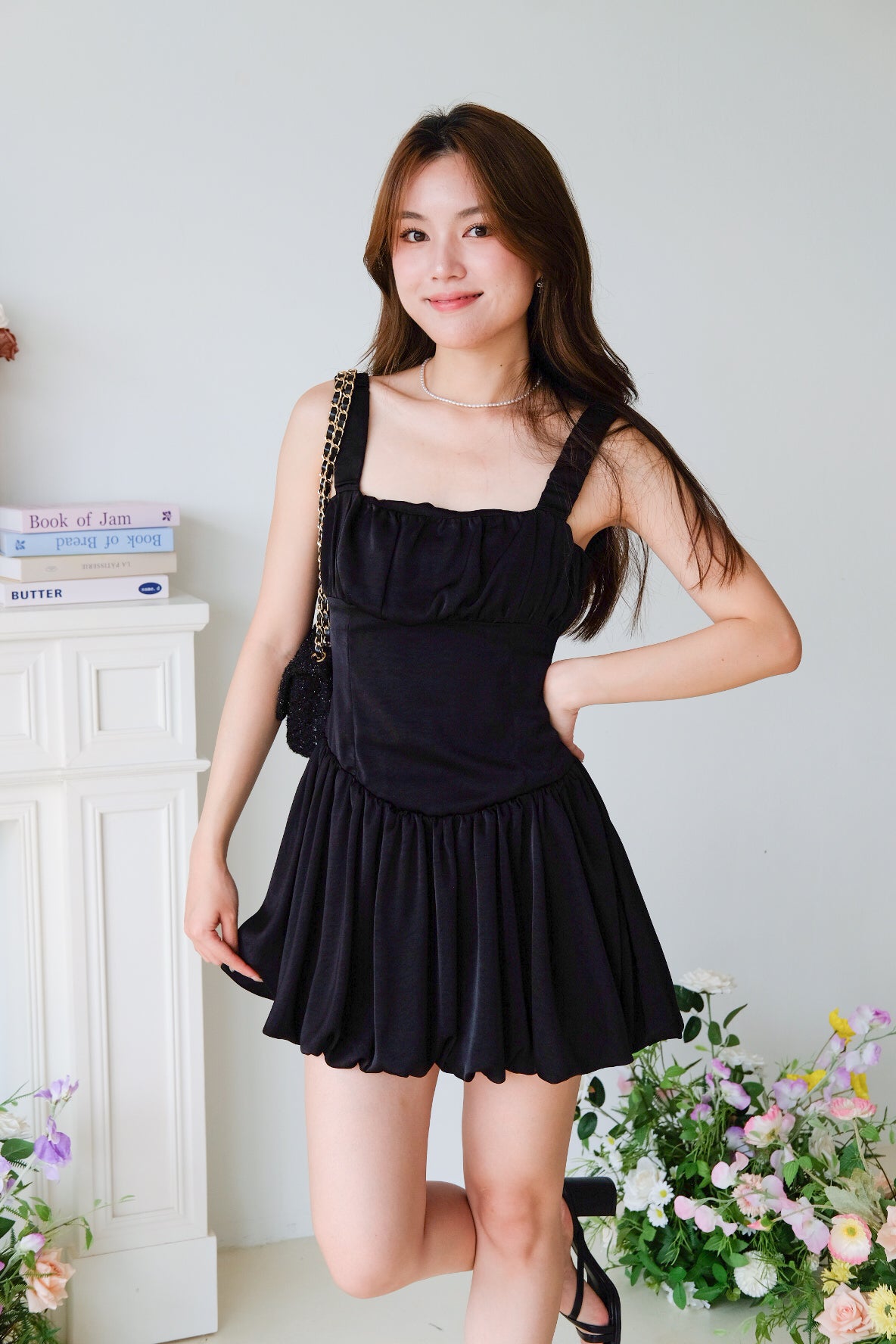 Alesha Ruched Bubble Skater Dress (Black)