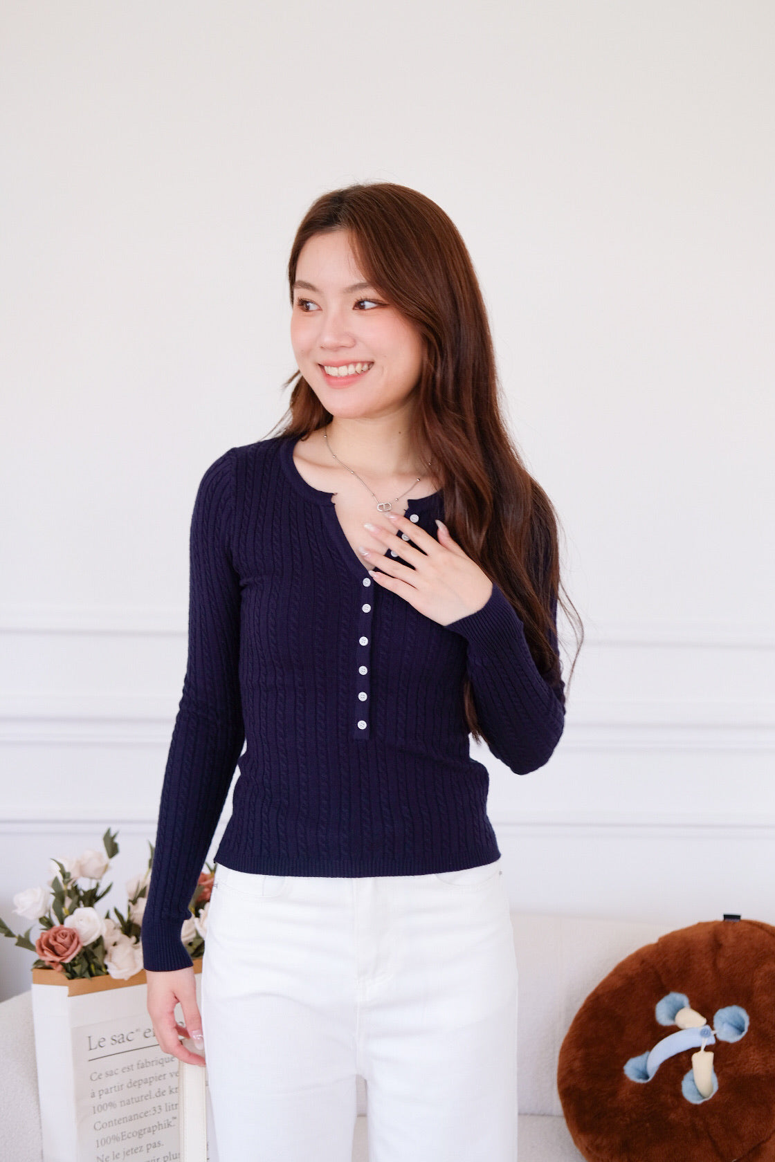 Cecily Buttoned Long Sleeves Knit Top (Navy Blue)