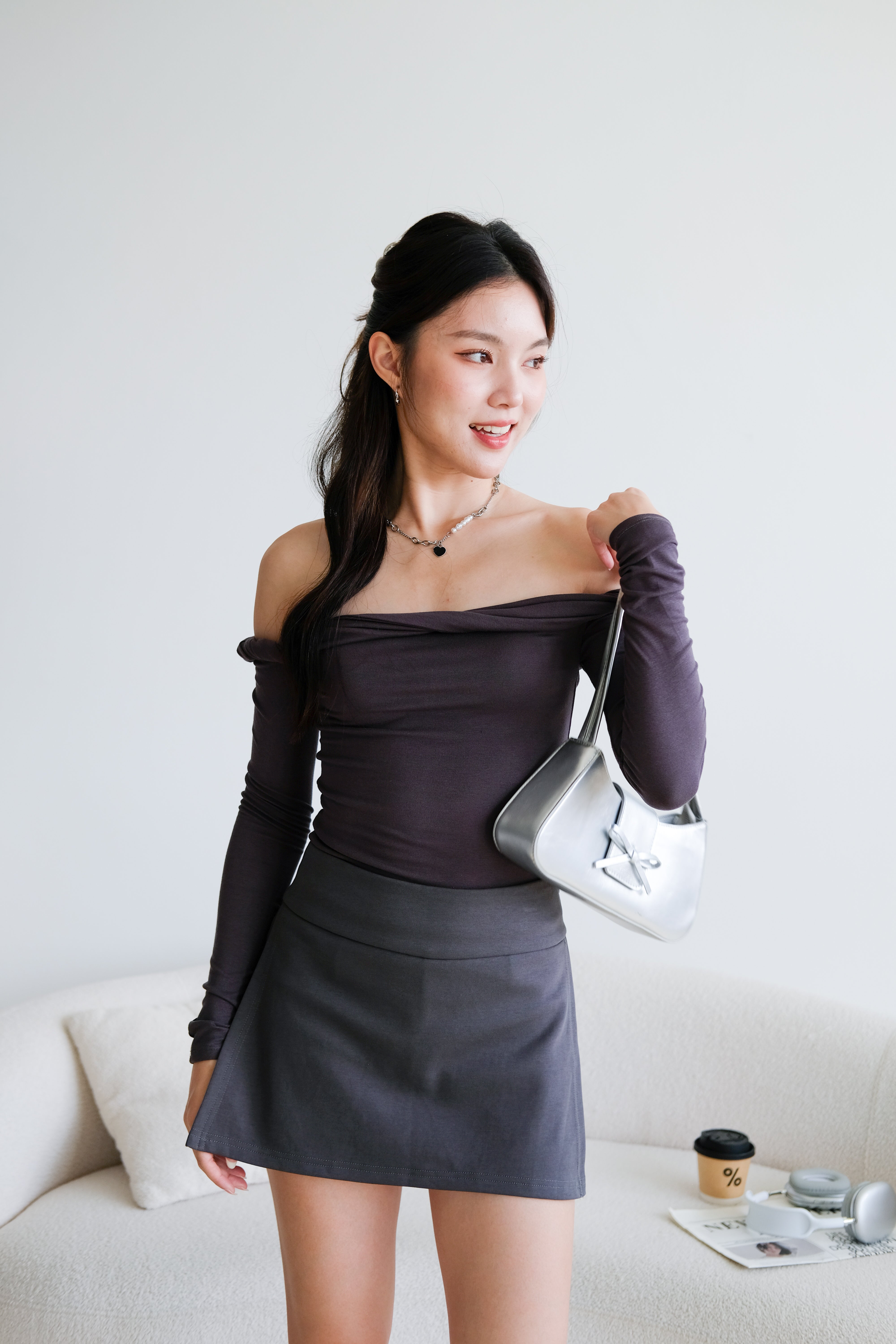 Level Up Twist Off Shoulder Top (Steel Grey)