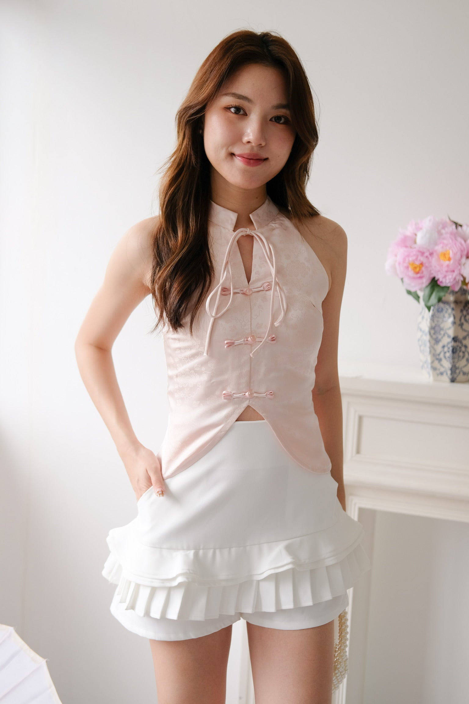 Ning Xia Ribbon Cheongsam Top (Baby Pink)