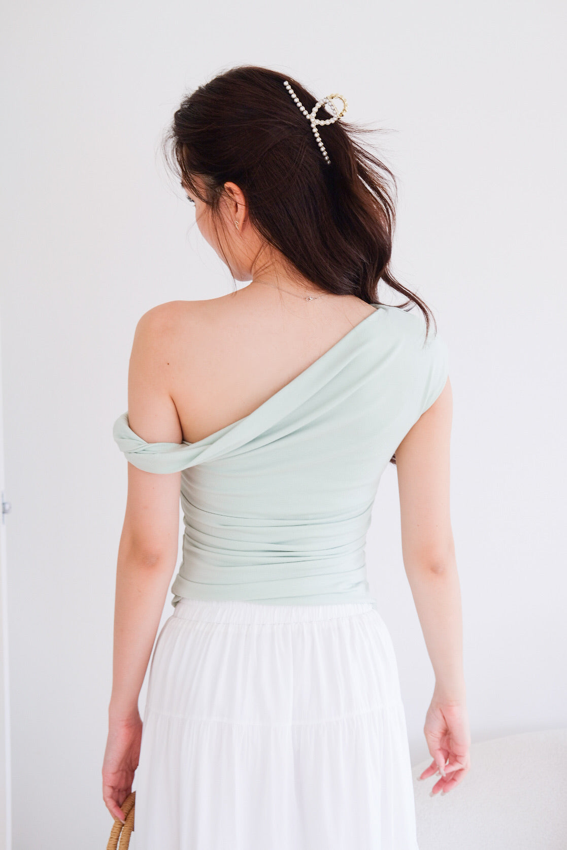 Deborah One Shoulder Ruched Top (Glacial Green)